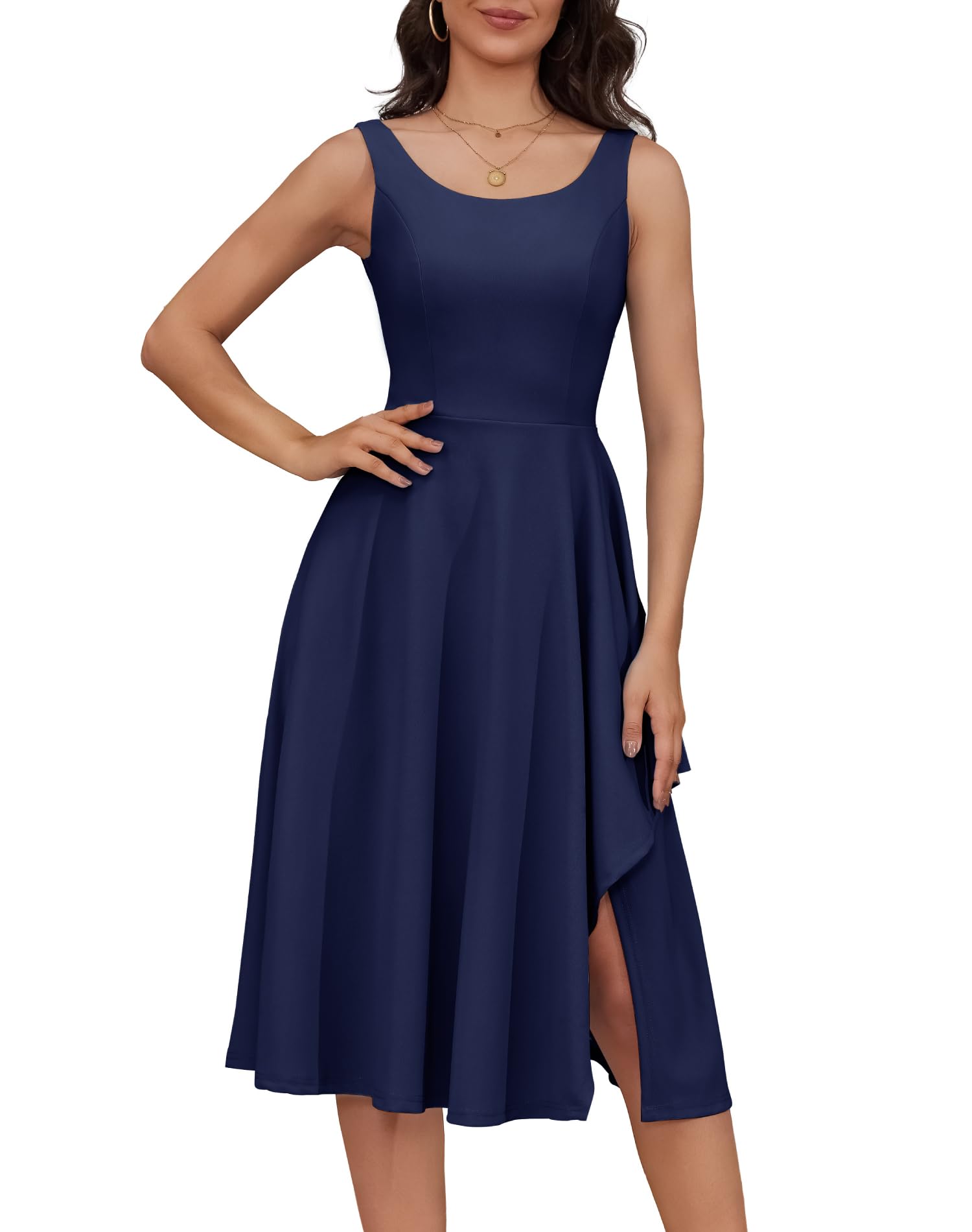 Daisyaner Women's Sleeveless Ruffle Crew Neck A-Line Midi Dress with Split & Flowy Hem - Perfect for Wedding Guest, Semi-Formal Events & Summer Parties