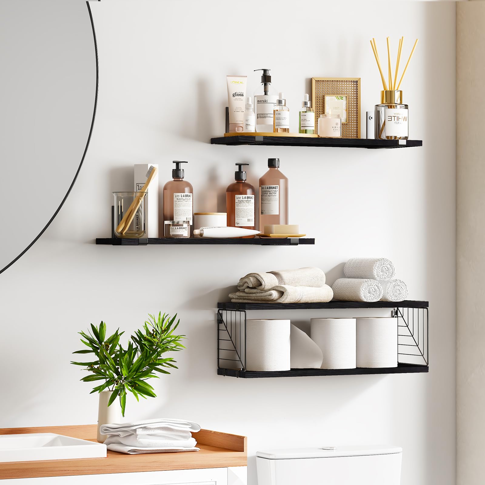 Fixwal 3-Tier Floating Bathroom Shelves Over Toilet - 15.8 Inch Rustic Farmhouse Wood Wall Shelves for Bathroom Storage - Space-Saving Decor for Living Room, Bedroom & Kitchen (Black) - Perfect for Organizing Toiletries, Towels and Decorative Items