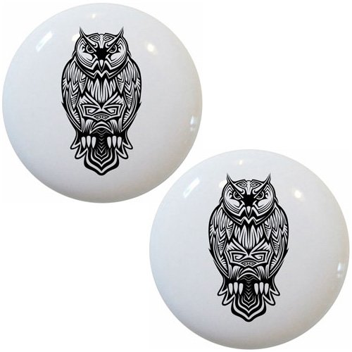 Set of 2 Hand-Painted Tribal Owl Ceramic Drawer Knobs - Boho Home Decor for Cabinets, Dressers & Furniture (Perfect for Bedroom, Kitchen & Bathroom Storage)