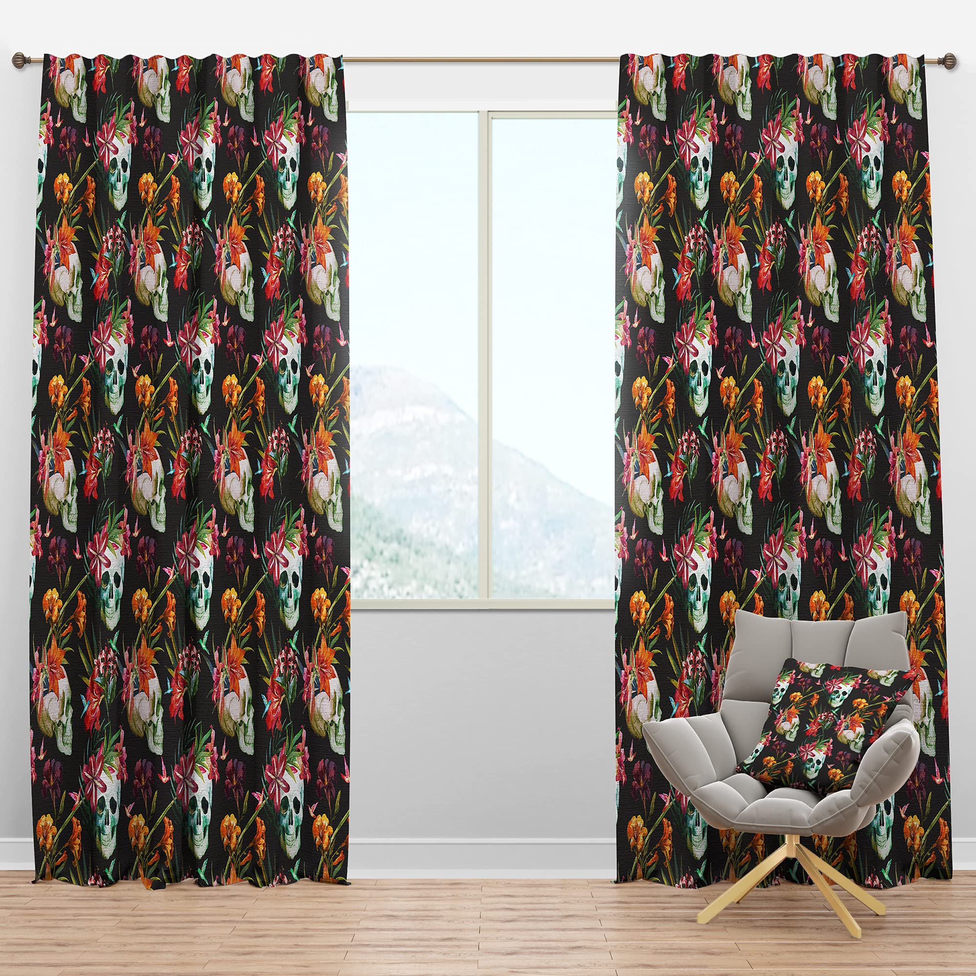 DesignQ Blackout Curtains 'Skull and Flowers' - Thermal Insulated Single Panel (52x84 inches) for Bedroom & Living Room - Perfect for Light Blocking, Privacy & Energy Saving