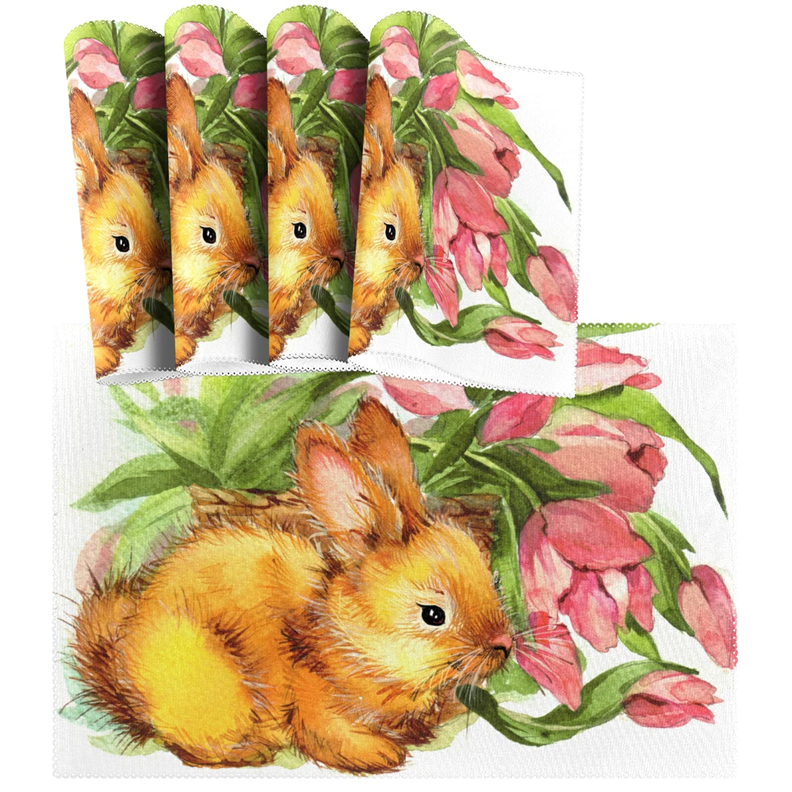 Easter Placemats Set of 4 - Watercolor Rabbit Floral Design Non-Slip Heat-Resistant Washable Table Mats for Kitchen Dining Table Decor (12