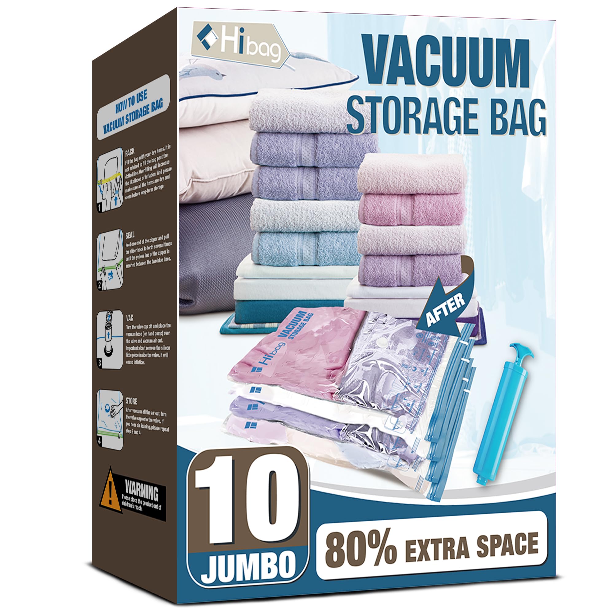 HiBAG Vacuum Storage Bags - 10 Jumbo Space Saver Bags for Clothes, Comforters & Blankets | Airtight Vacuum Sealer Bags for Bedding Storage & Space Organization | Perfect for Seasonal Storage, Moving & Travel