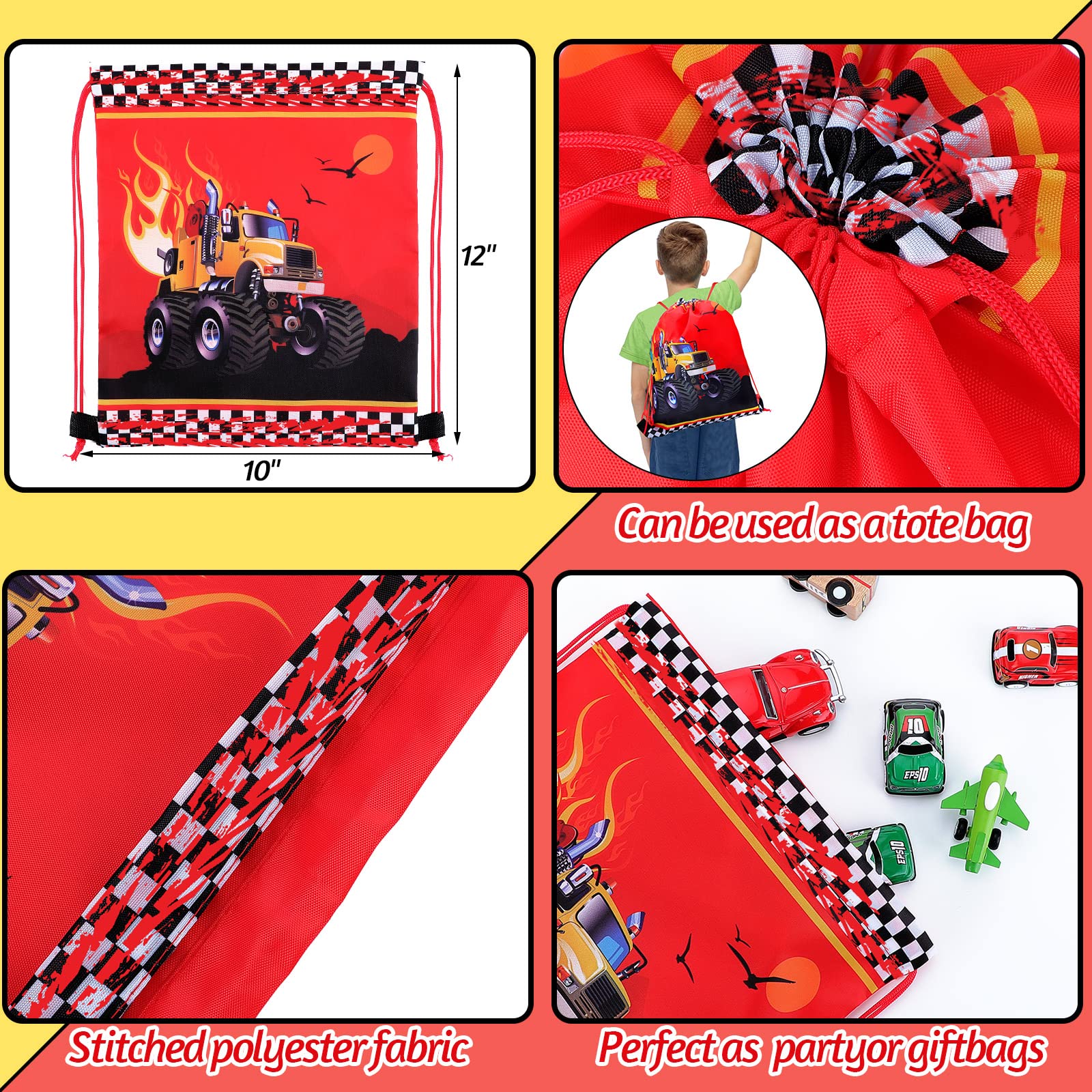 Tondiamo 16-Pack Racing Truck Drawstring Gift Bags - Kids Birthday Party Decorations, Candy Treat Bags for Themed Parties, Baby Showers & School Events