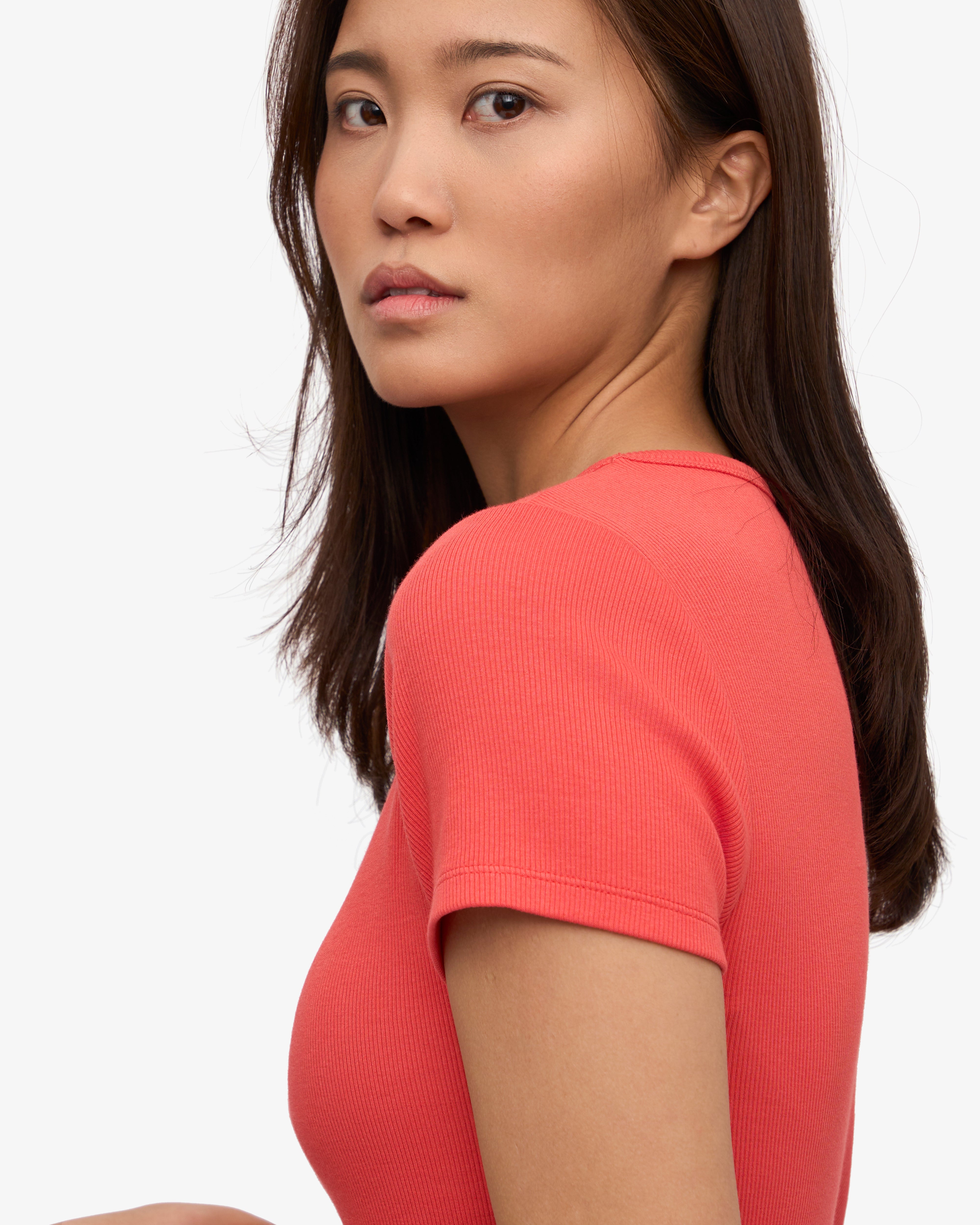 Organic Cotton Rib T-Shirt for Men & Women - Soft & Comfortable Red Tangerine Color - Perfect for Casual Wear, Yoga & Everyday Outfits