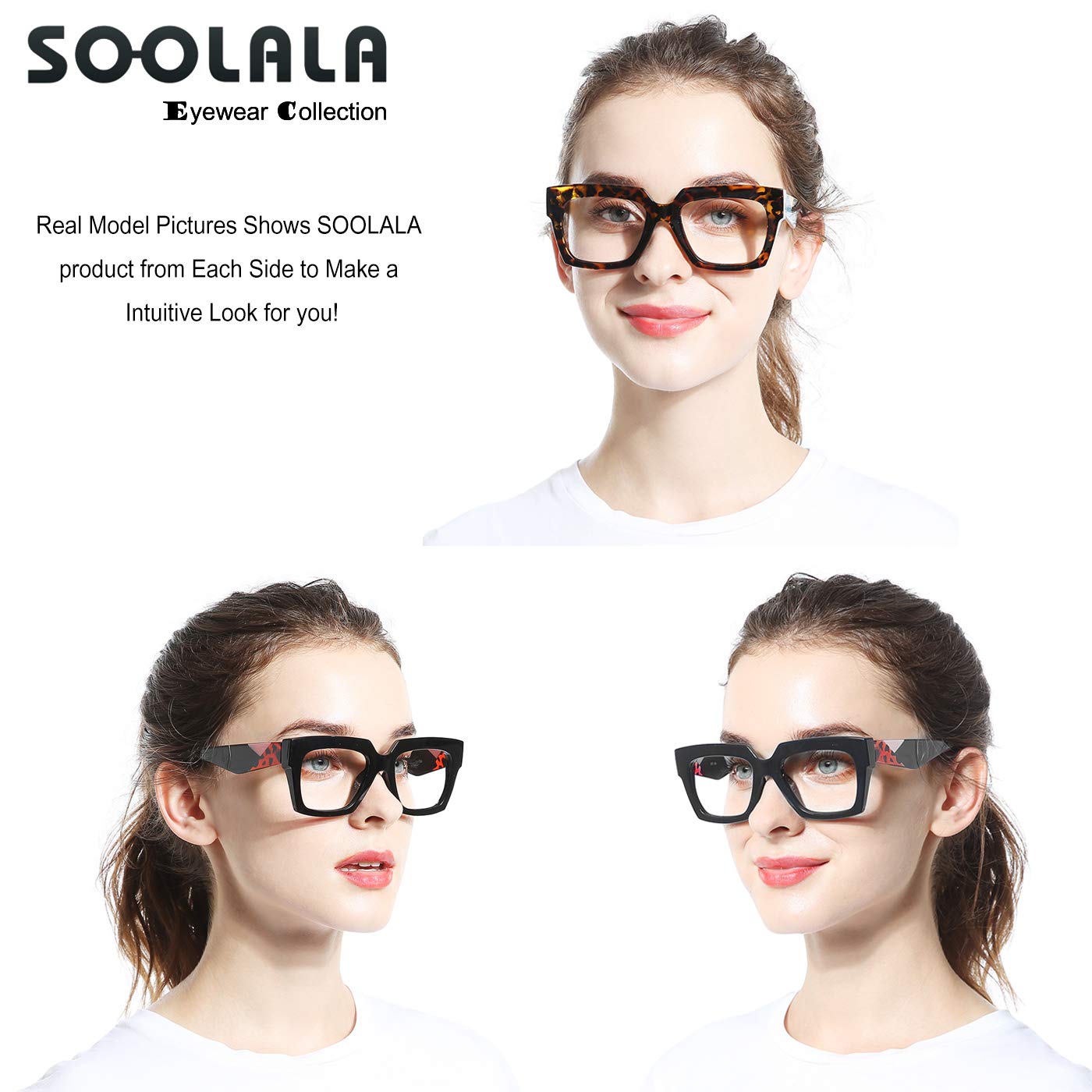 SOOLALA Blue Light Blocking Reading Glasses - Square Frame with Leopard Print Arms - Reduce Eye Strain for Computer Work, Reading & Gaming
