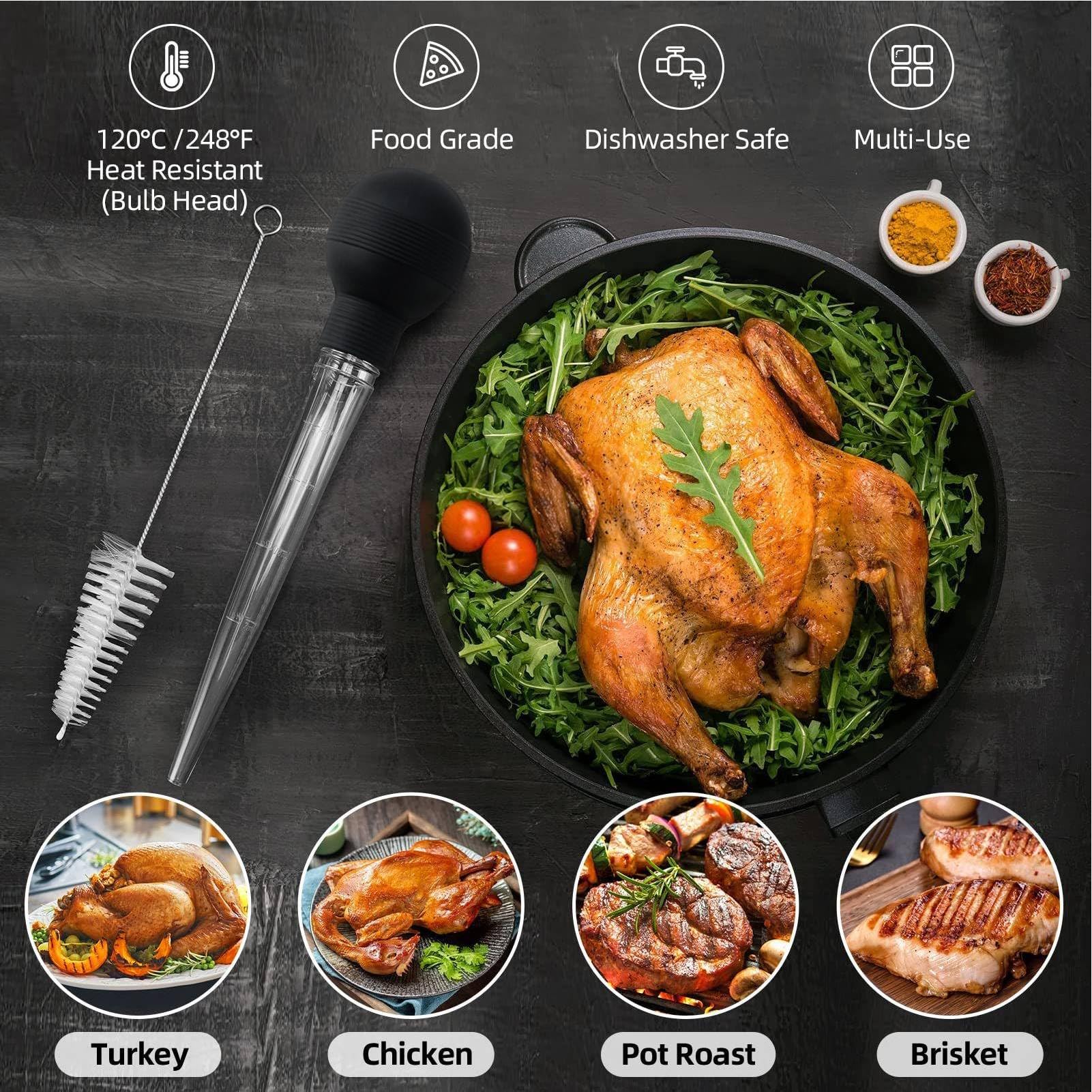 Turkey Baster Syringe with Cleaning Brush - Large Cooking Oil Dropper for Turkey, Chicken, Beef, Pork - Perfect for BBQ, Grilling & Basting Meats