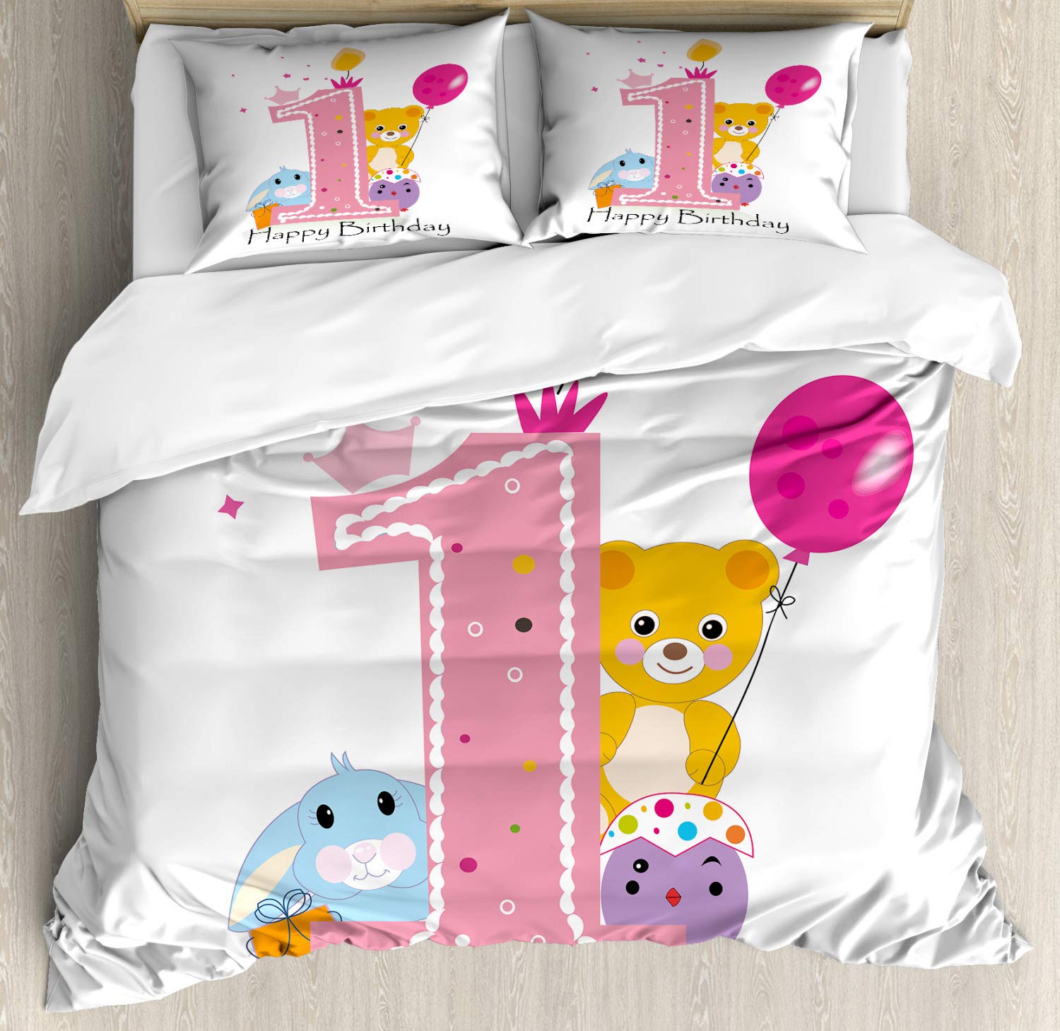 Ambesonne 1st Birthday Duvet Cover Set - Cartoon Girl & Party Cake with Candle Teddy Bear Print - 3 Piece Bedding Set with 2 Pillow Shams - California King Size - Pale Pink & Hot Pink - Perfect for Girls' First Birthday Party Decorations & Nursery Bedding