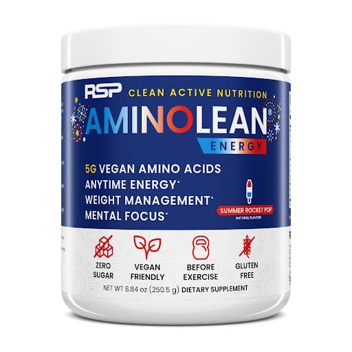 RSP NUTRITION AminoLean Pre Workout Powder - Vegan BCAA Amino Acids & Natural Caffeine Energy Booster for Men & Women - Summer Rocket Pop Flavor - Perfect for Gym, Running & Fitness Training