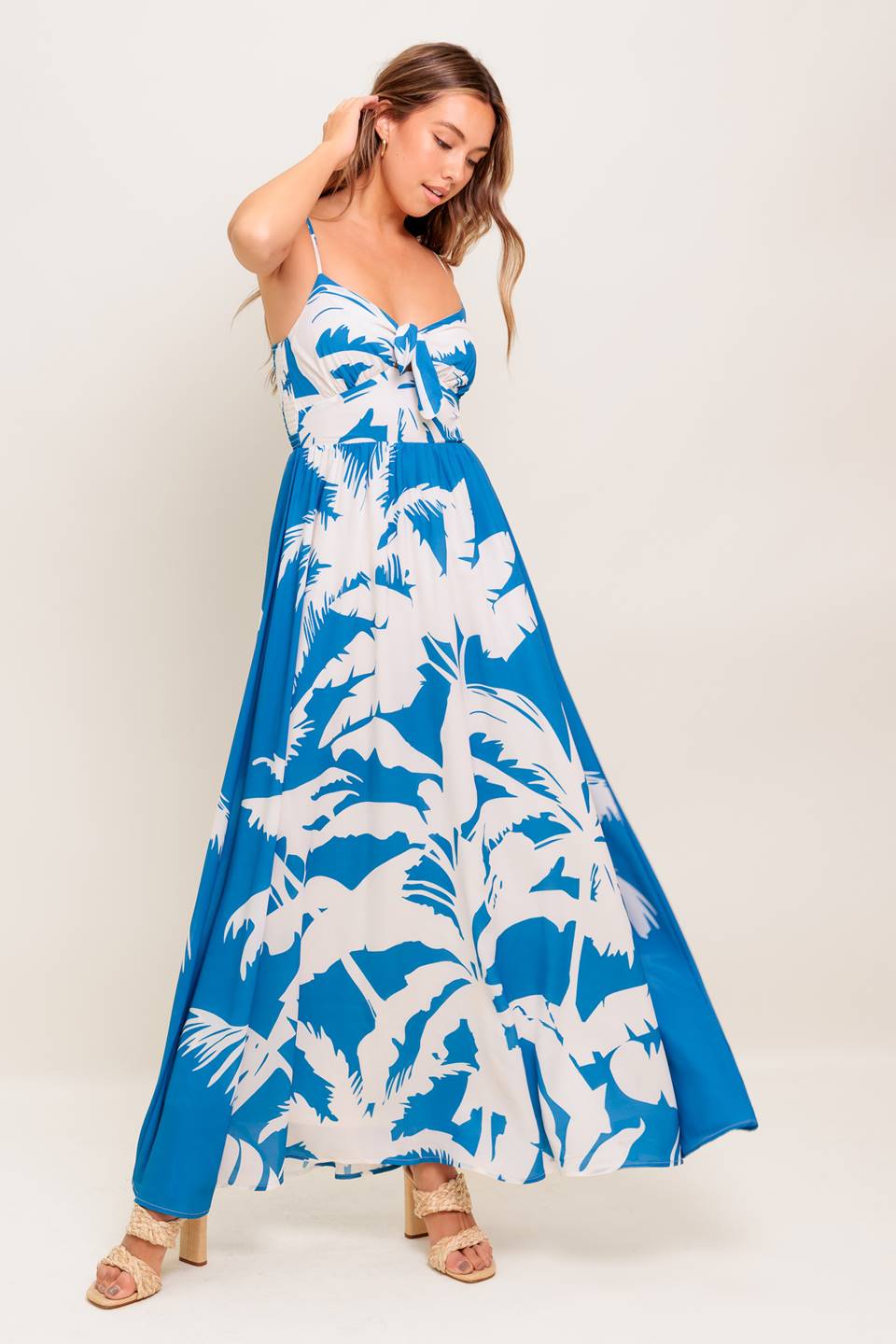 KAIA Blue Palm Print Maxi Dress - Flowy Summer Beach Dress for Women, Perfect for Vacations, Parties & Casual Outings