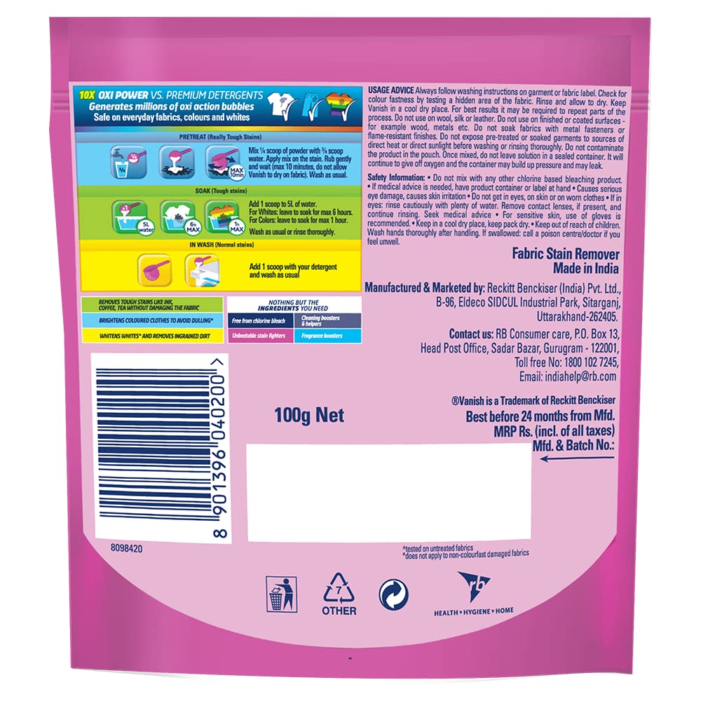 Vanish Oxi Action Stain Remover Laundry Detergent Powder - 100g | Powerful Whitening & Brightening | Removes Tough Stains from Clothes, Sheets & Fabrics | Ideal for Laundry, Travel & Home Use