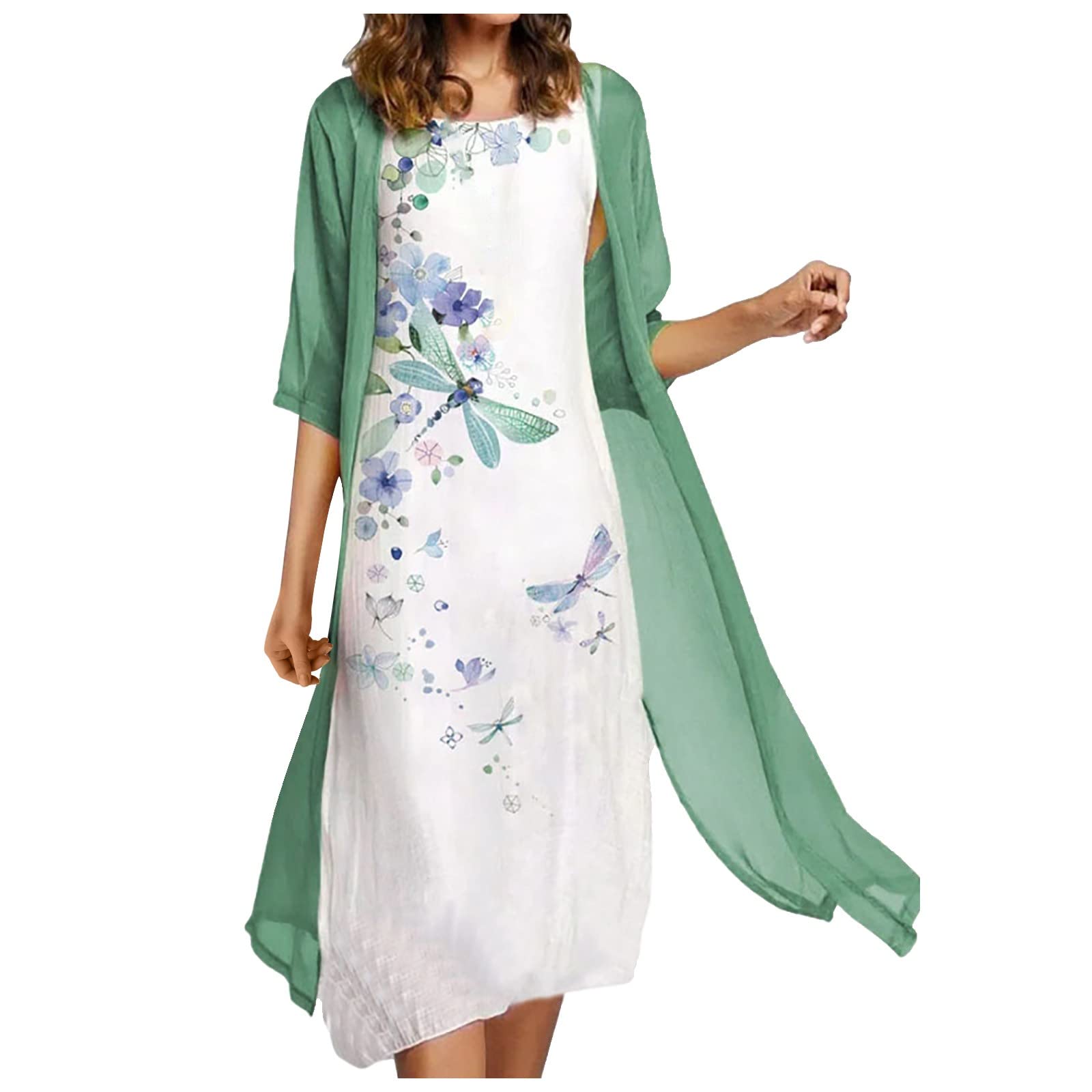 Women's Casual Butterfly Print Round Neck Sleeveless Two Piece Dress Set - Summer Beachwear & Party Outfit for Women