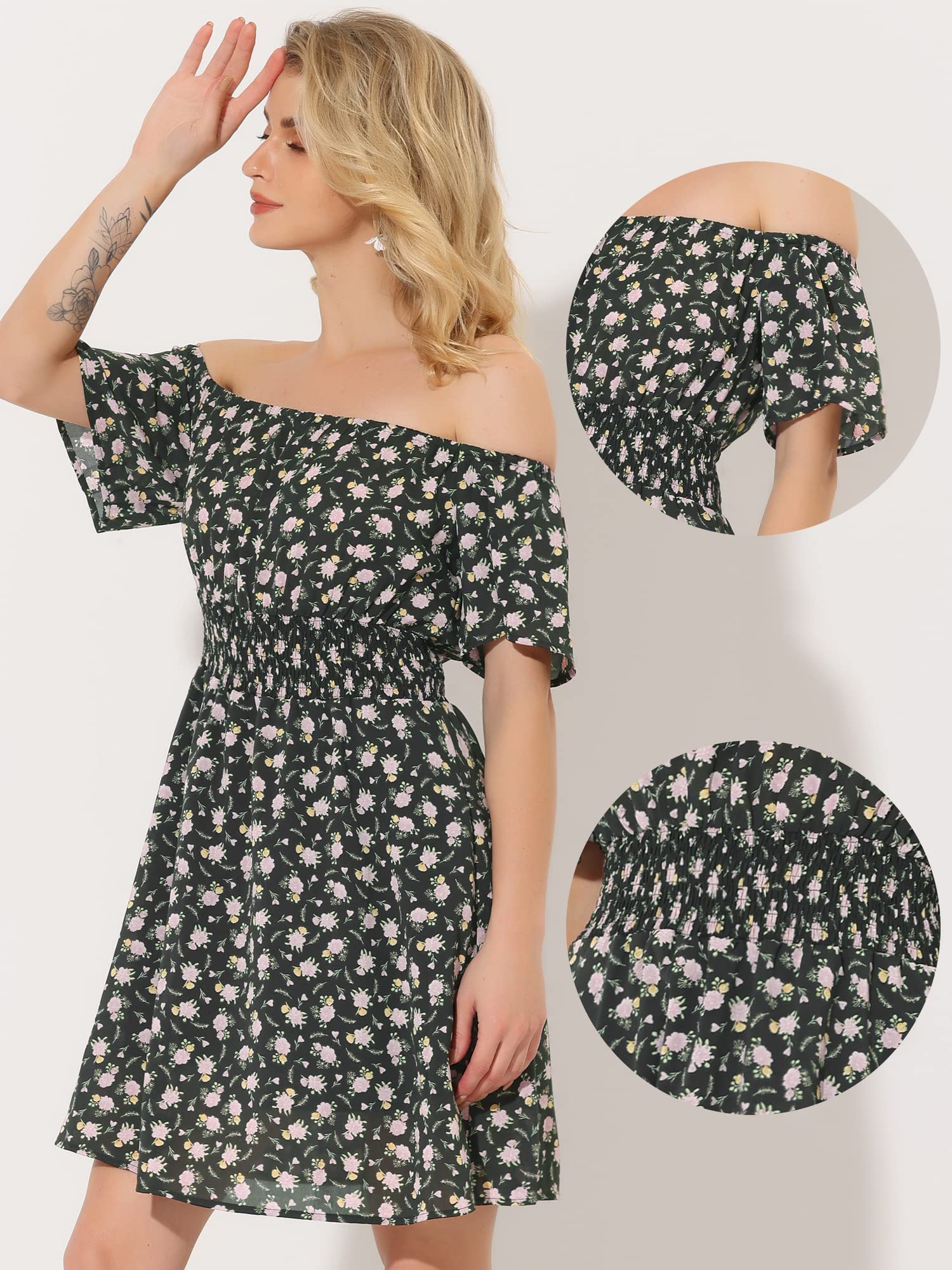 Allegra K Women's Summer Floral Off Shoulder Chiffon Smocked Short Dress - Casual Beach Wear, Party Outfit & Vacation Dress