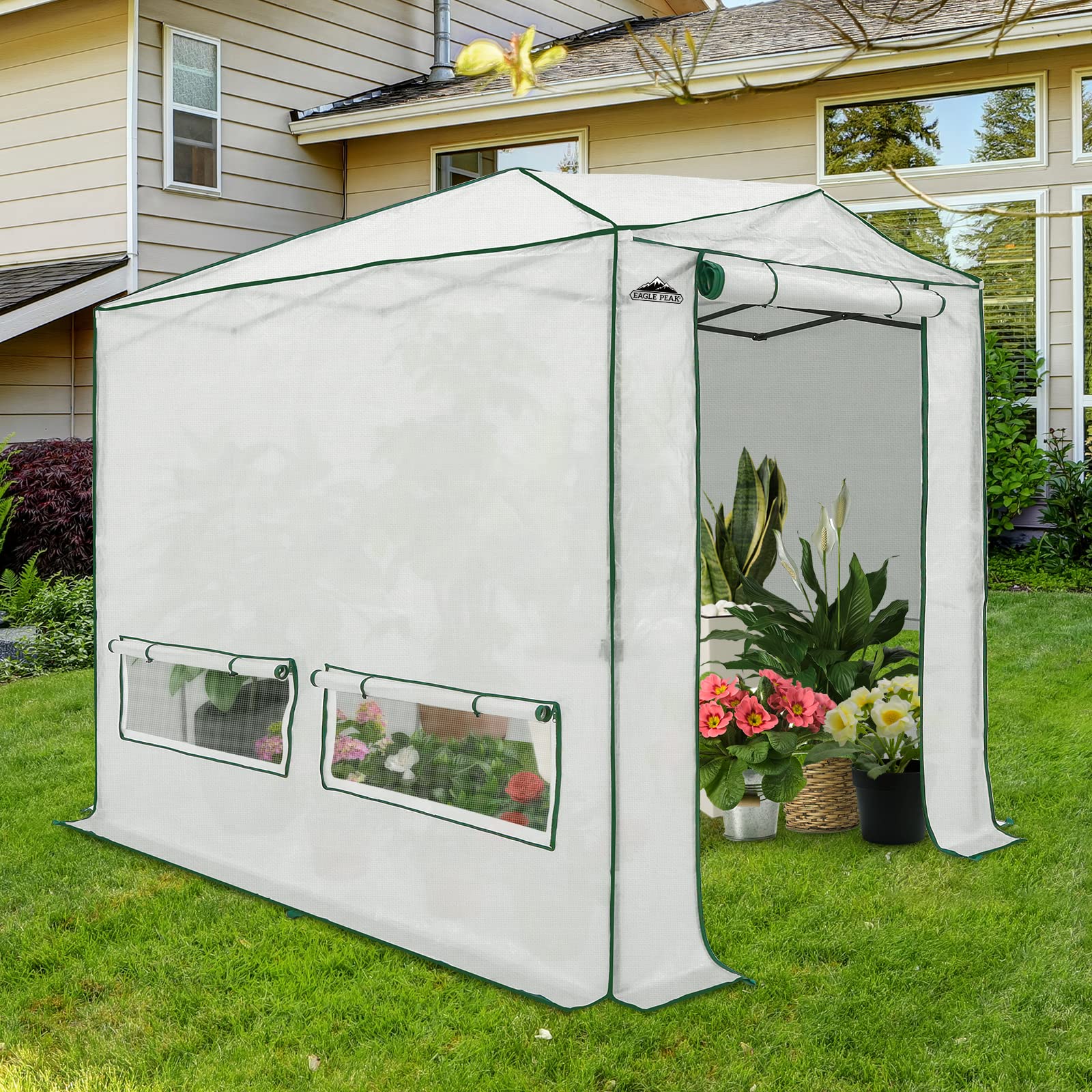 EAGLE PEAK 8x6 FT Portable Walk-in Greenhouse for Indoor & Outdoor Gardening - Heavy Duty Woven PE Cover with Zippered Doors & Windows - Perfect for Seed Starting, Plant Protection & Year-Round Gardening