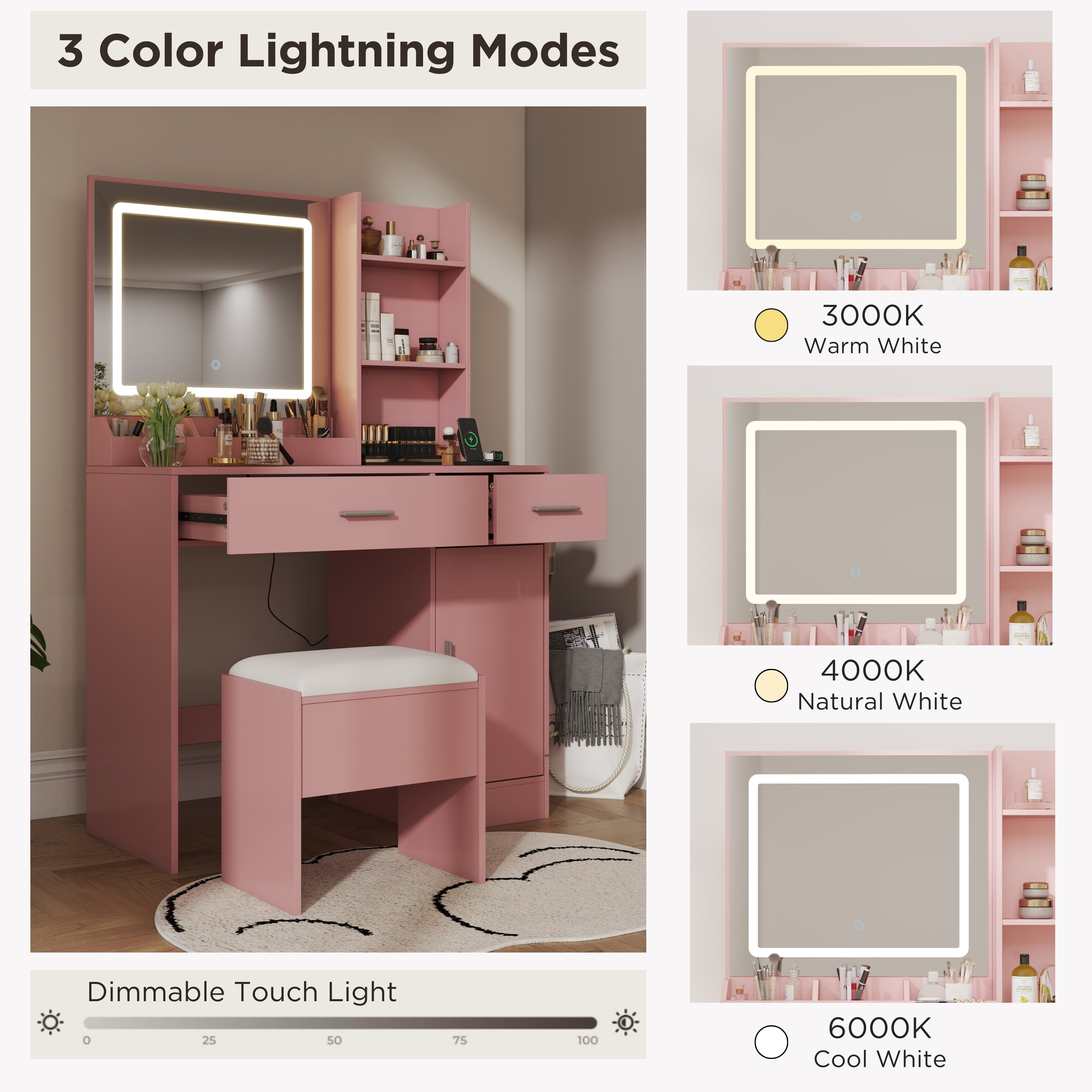 Roundhill Furniture Lavin Makeup Vanity Set with LED Light Mirror & Charging Station - White Vanity Desk & Stool for Bedroom, Dressing Room & Beauty Salon | Modern Makeup Table with Storage & USB Ports