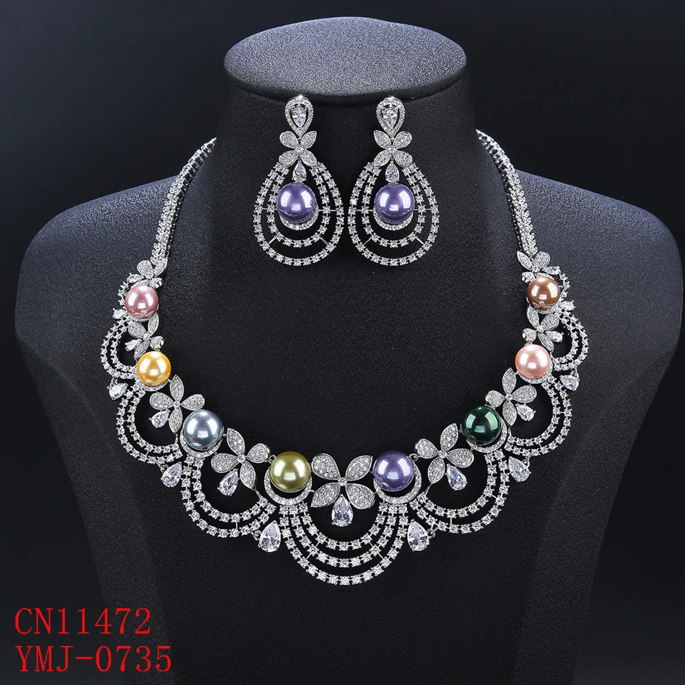 Luxury Cubic Zirconia Pearl Choker Necklace & Earrings Set - Bridal Wedding Jewelry for Women - Perfect for Prom, Anniversary & Special Occasions