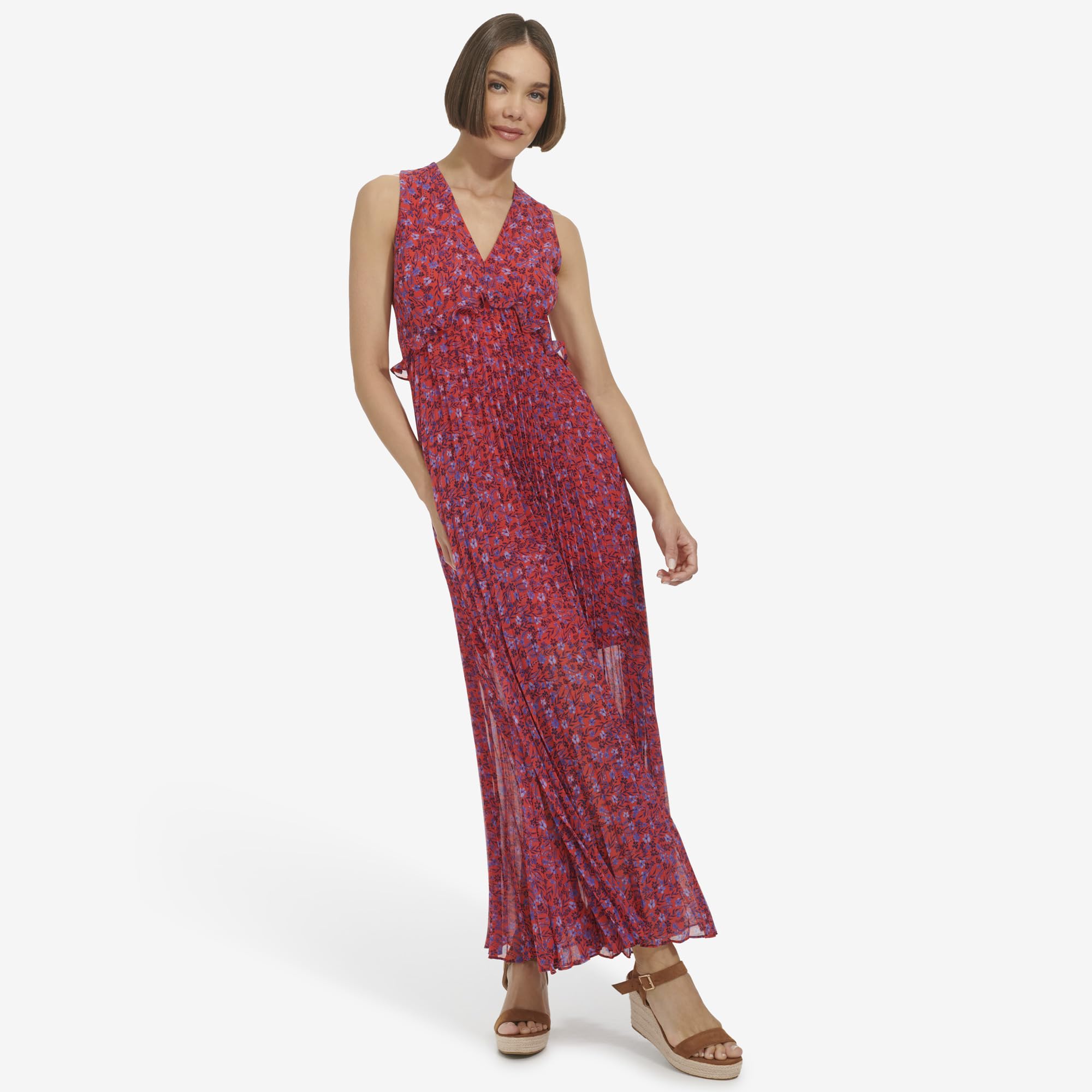 Tommy Hilfiger Women's Sleeveless V-Neck Chiffon Pleated Maxi Dress - Elegant Summer Beach Wedding Party Formal Wear