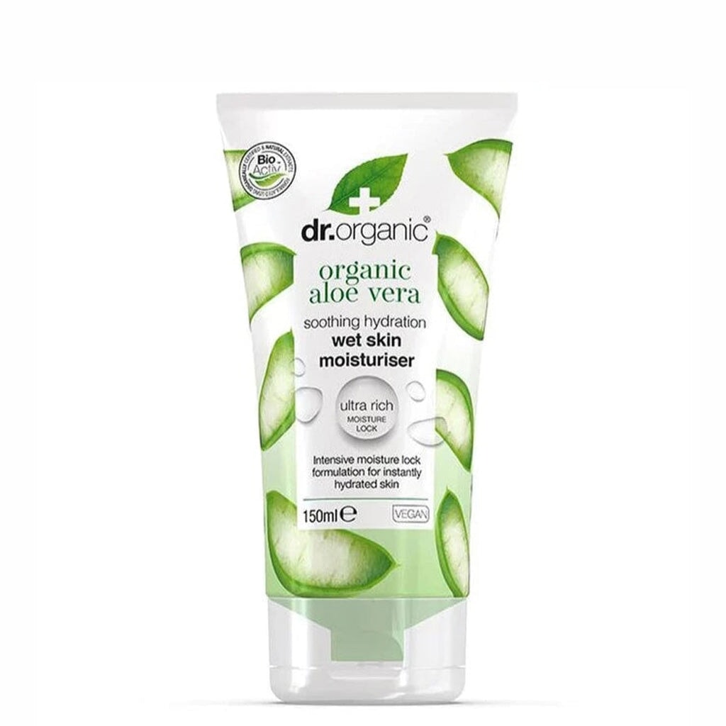 Dr Organic Wet Skin Moisturizer with Organic Aloe Vera - Hydrating Body Lotion for Dry Skin After Shower & Swimming | Natural Skincare for Men & Women