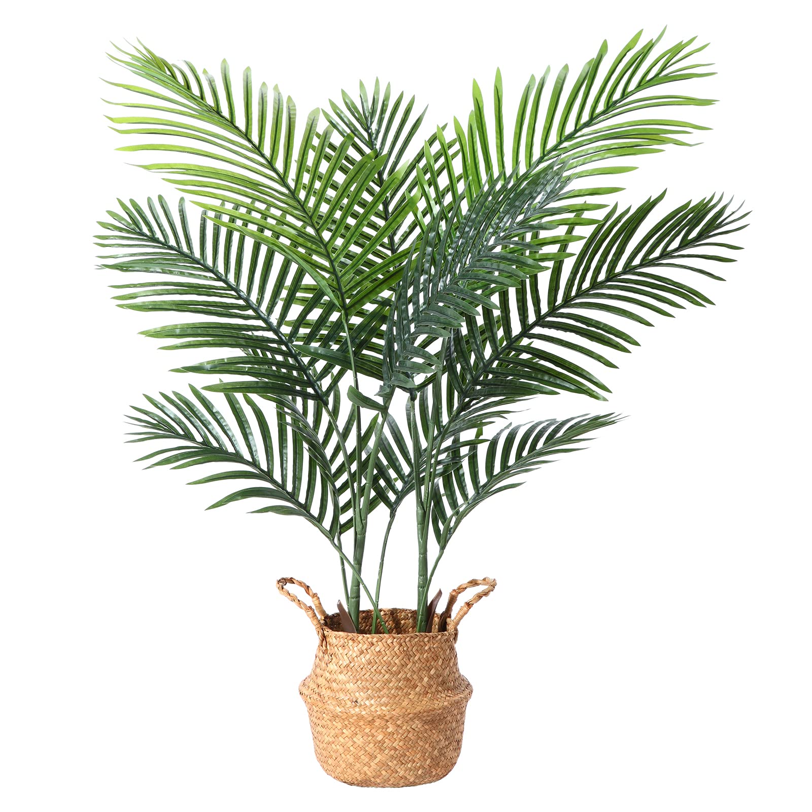 3.6 Ft Artificial Areca Palm Tree with 10 Trunks - Tropical Faux Dypsis Lutescens in Woven Seagrass Basket & Black Pot - Perfect for Home, Office, Indoor & Outdoor Decor - Great for Living Room, Patio, Balcony or Commercial Spaces