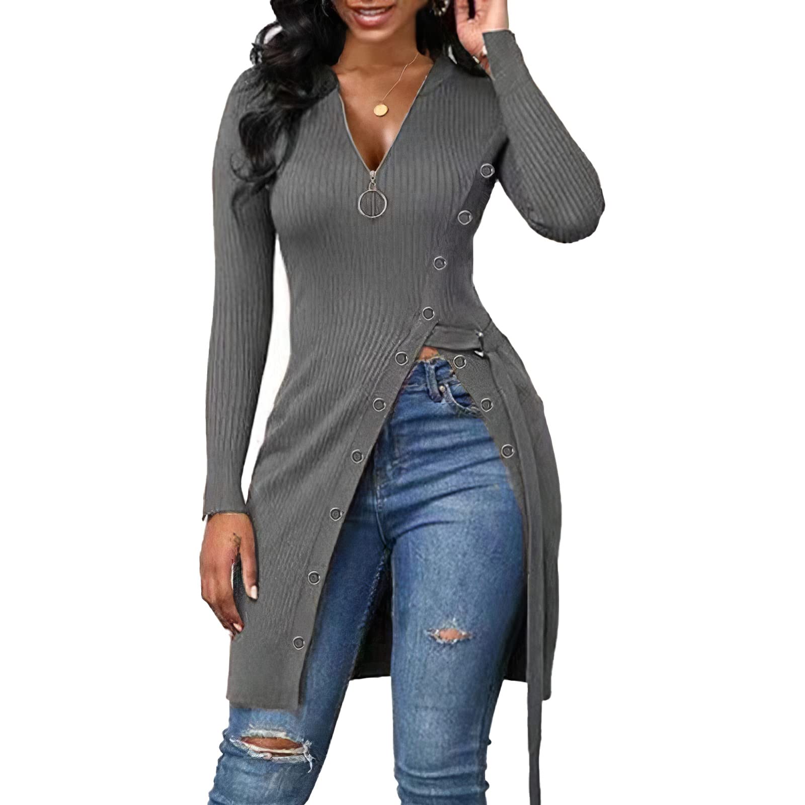 Women's Slim Fit Long Sleeve Tunic Top - V Neck Zipper Blouse for Work, Casual & Layering | Comfortable Office Wear & Everyday Outfits