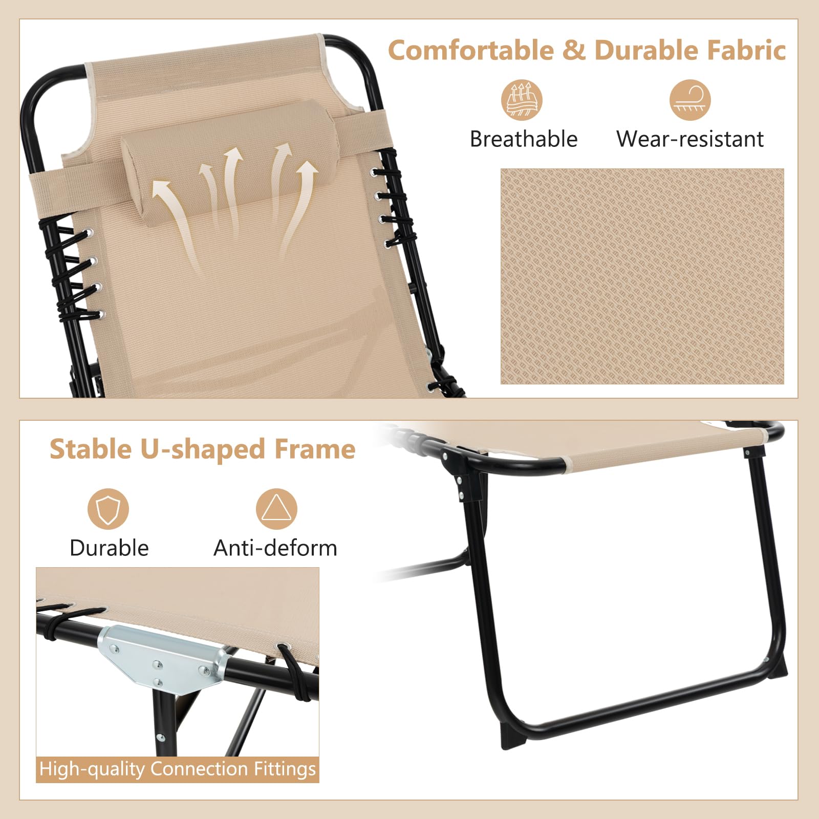 Giantex 2-Pack Folding Patio Lounge Chairs with Headrest - Adjustable Tanning Chairs for Outdoor, Poolside & Beach - 4-Position Recliner with Side Pocket - Perfect for Sunbathing, Camping & Backyard Relaxation - Beige