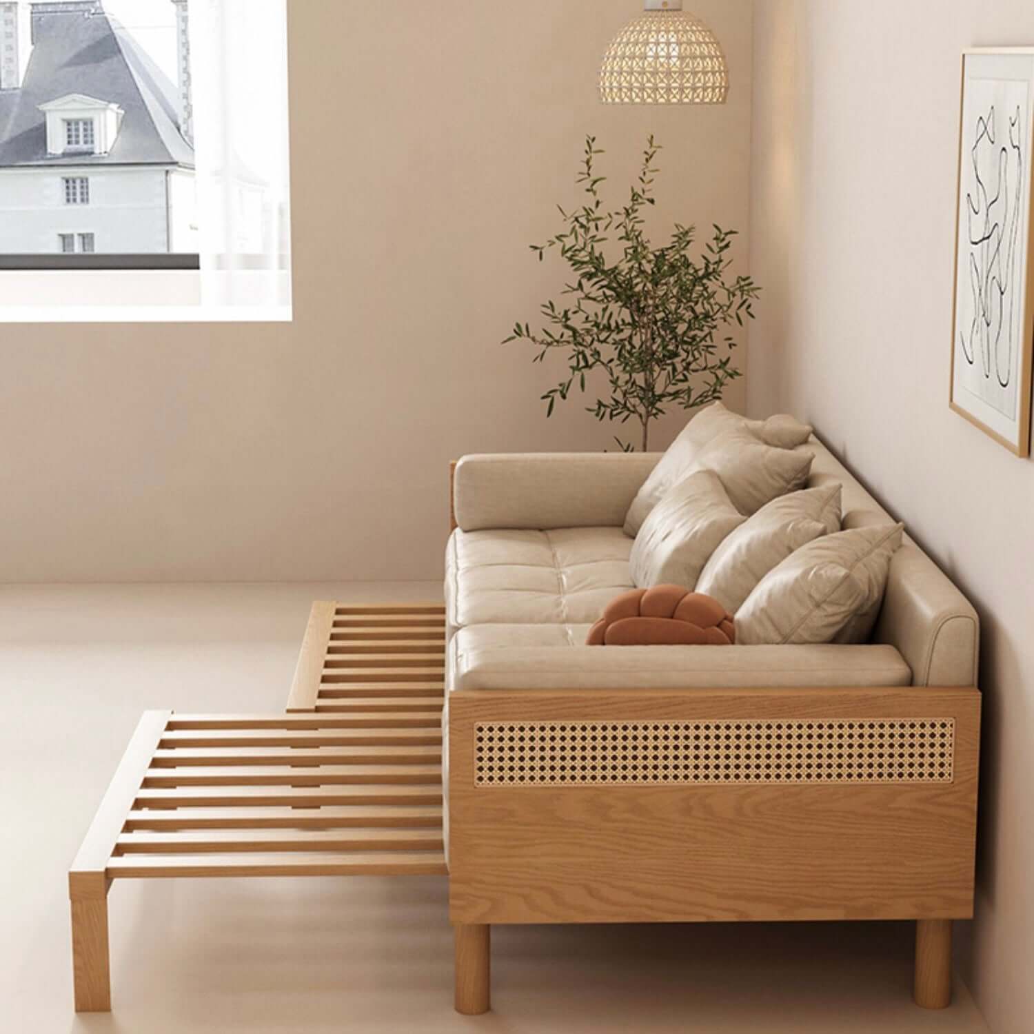 Leather & Wooden Upholstered Convertible Sofa Bed - Full Size Sleeper Sofa with Smoky Finish | Perfect for Small Apartments, Guest Rooms & Home Offices