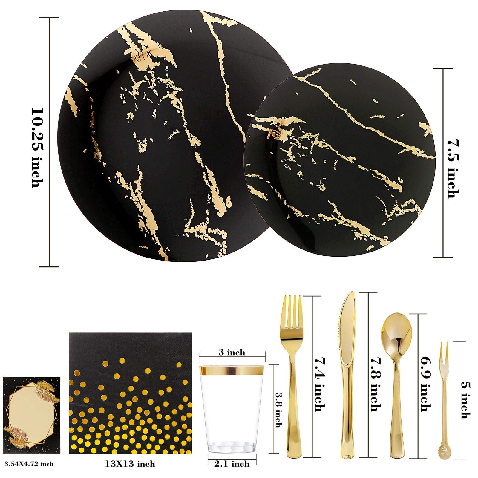225-Piece Black & Gold Disposable Plastic Dinnerware Set - 25 Dinner Plates, Dessert Plates, Forks, Gold Cups, Napkins & Table Cards - Elegant Party Supplies for Halloween, Weddings & Special Events