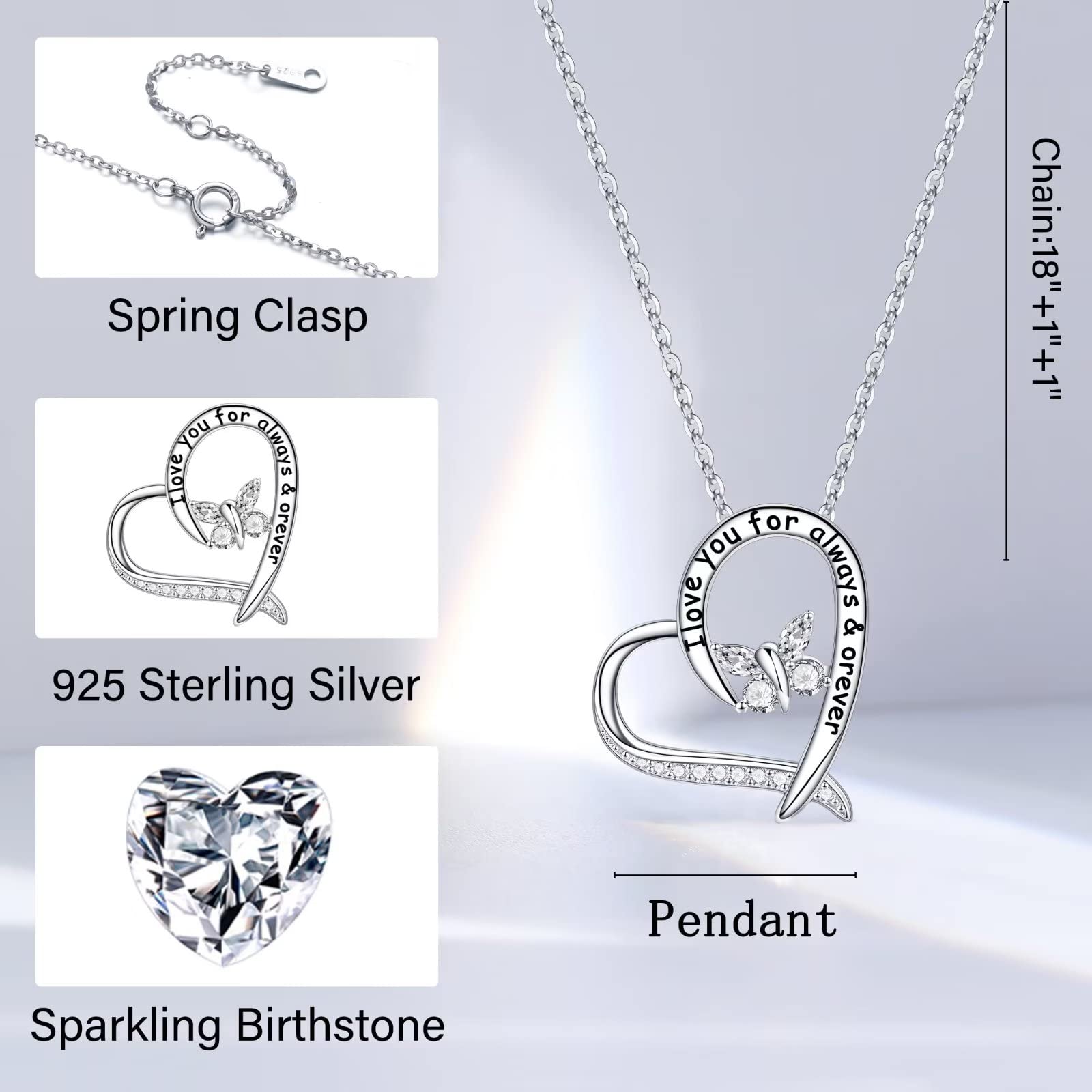925 Sterling Silver Heart Butterfly Necklace with Birthstone - Elegant Jewelry Gift for Women, Mom, Wife | Valentine's Day, Anniversary, Birthday & Mother's Day Present | Perfect for Romantic Occasions & Special Celebrations
