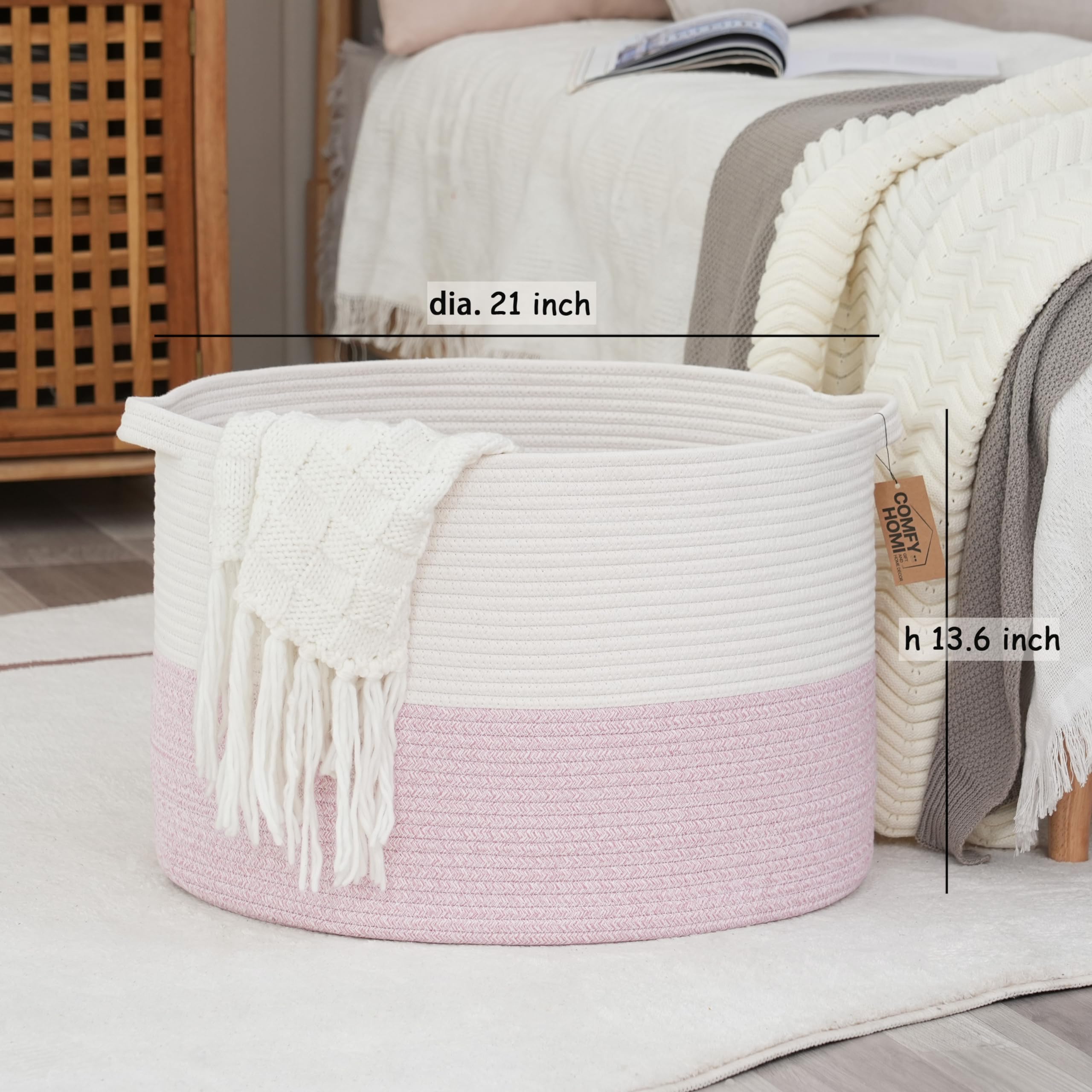 COMFY-HOMI Extra Large Woven Storage Basket 21x21x13.6 Inches - Cotton Rope Toy Organizer & Blanket Holder for Nursery, Living Room, Bedroom - White/Pink Baby Basket for Newborns & Home Decor