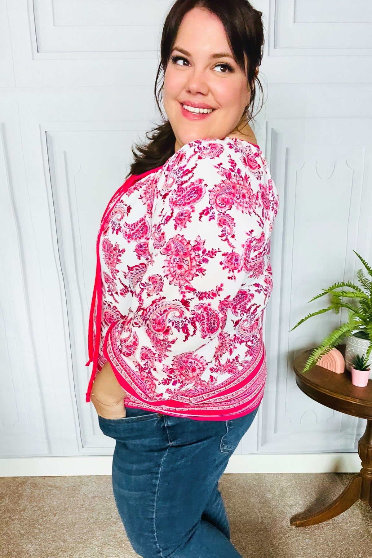 Stylish Fuchsia Paisley Boho Tie Front Top for Women | Flowy Summer Blouse for Beach, Music Festivals & Casual Outings