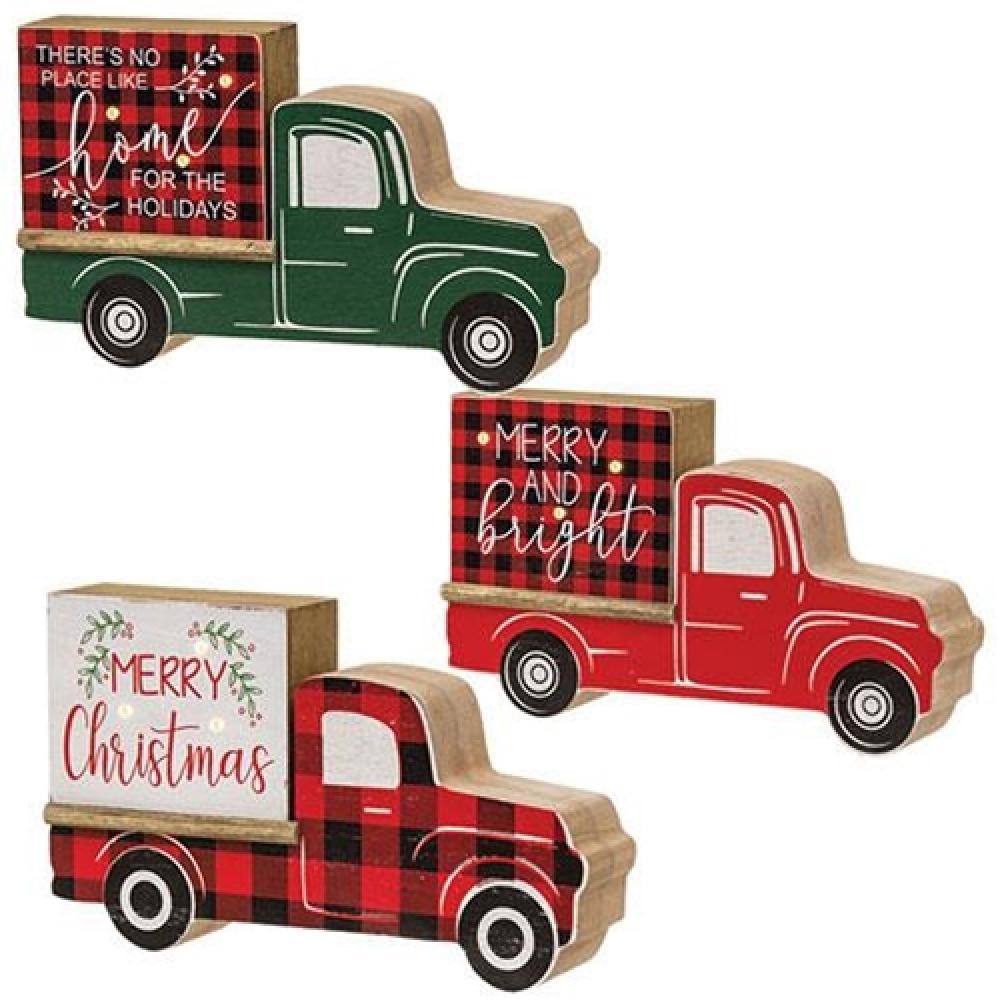 Buffalo Check Christmas Truck with LED Lights - 3 Assorted Styles - Holiday Home Decor, Christmas Village Display, and Festive Table Centerpiece