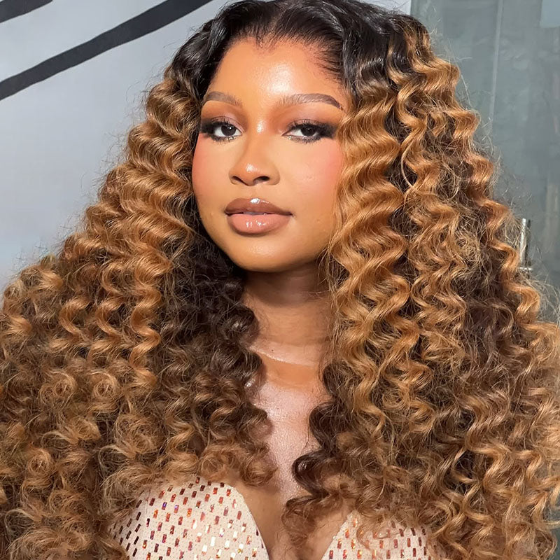 Eullair T1B Honey Brown Deep Curly Human Hair Lace Front Wig - Pre-Colored Glueless Lace Wig for Women (EW012) | Natural Look for Daily Wear, Parties & Special Occasions