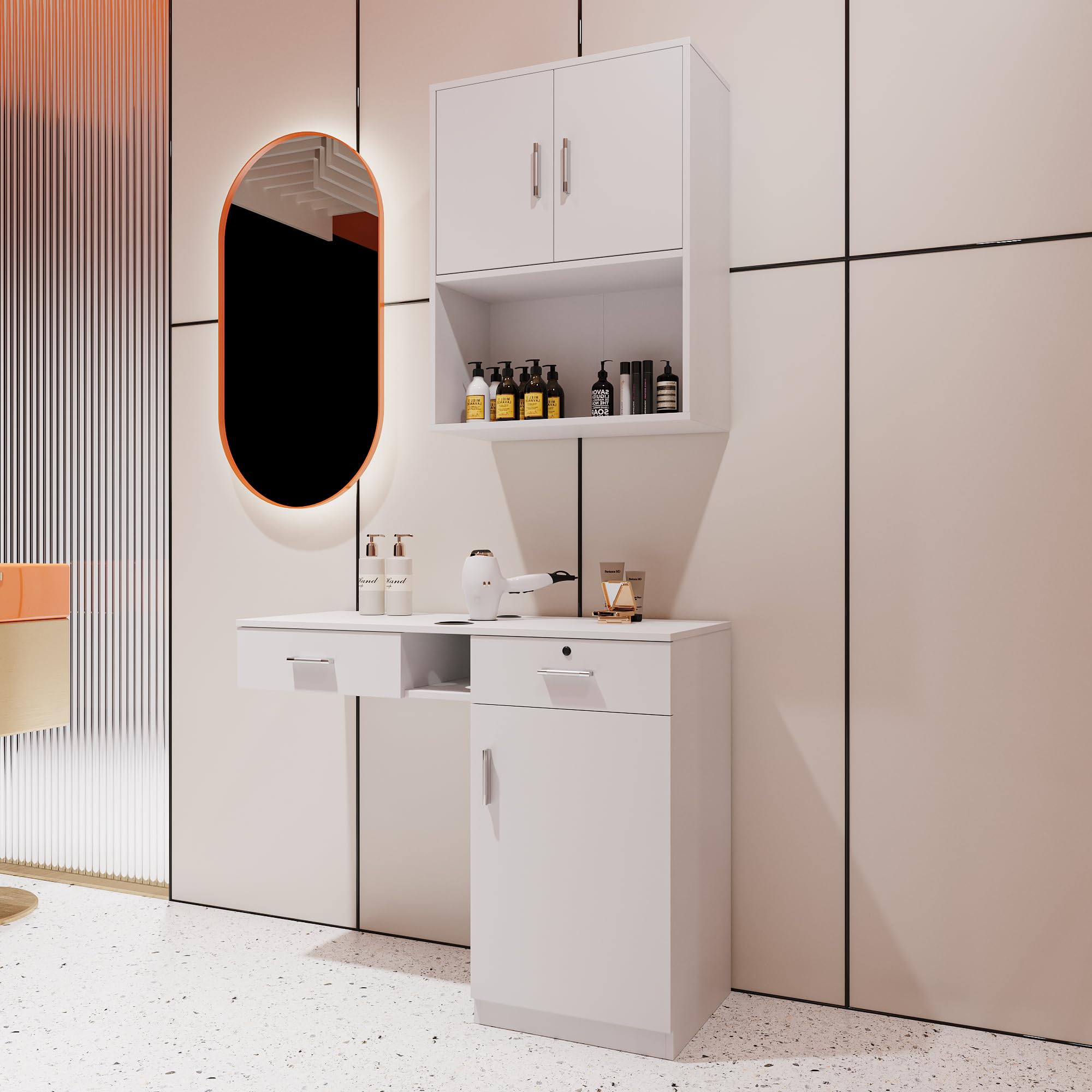 Taikonaut Wall Mount Salon Station - Hair Stylist Equipment Set with Storage for Barber Shop & Home Use