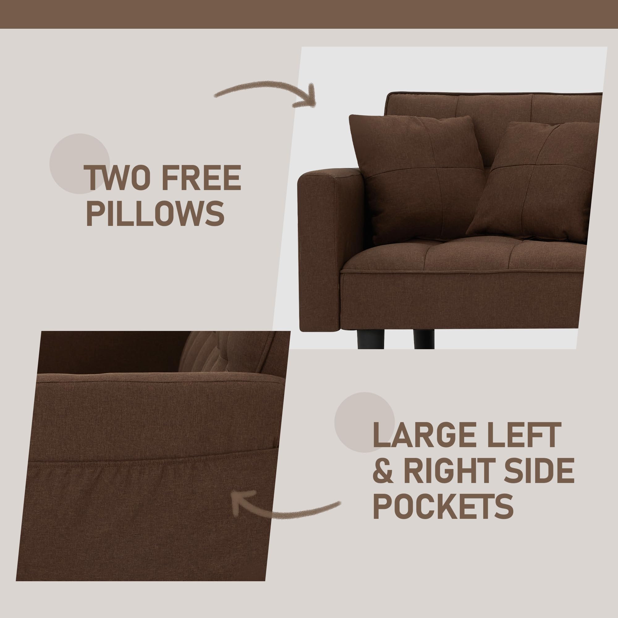 AVAWING Convertible Futon Sofa Bed - Modern Linen Fabric Upholstered Couch with Adjustable Backrest, Armrests & Durable Nylon Legs - Space-Saving Sleeper Sofa for Small Apartments, Living Rooms & Home Offices (Brown) - Perfect for Guest Sleeping, Lounging & Compact Spaces