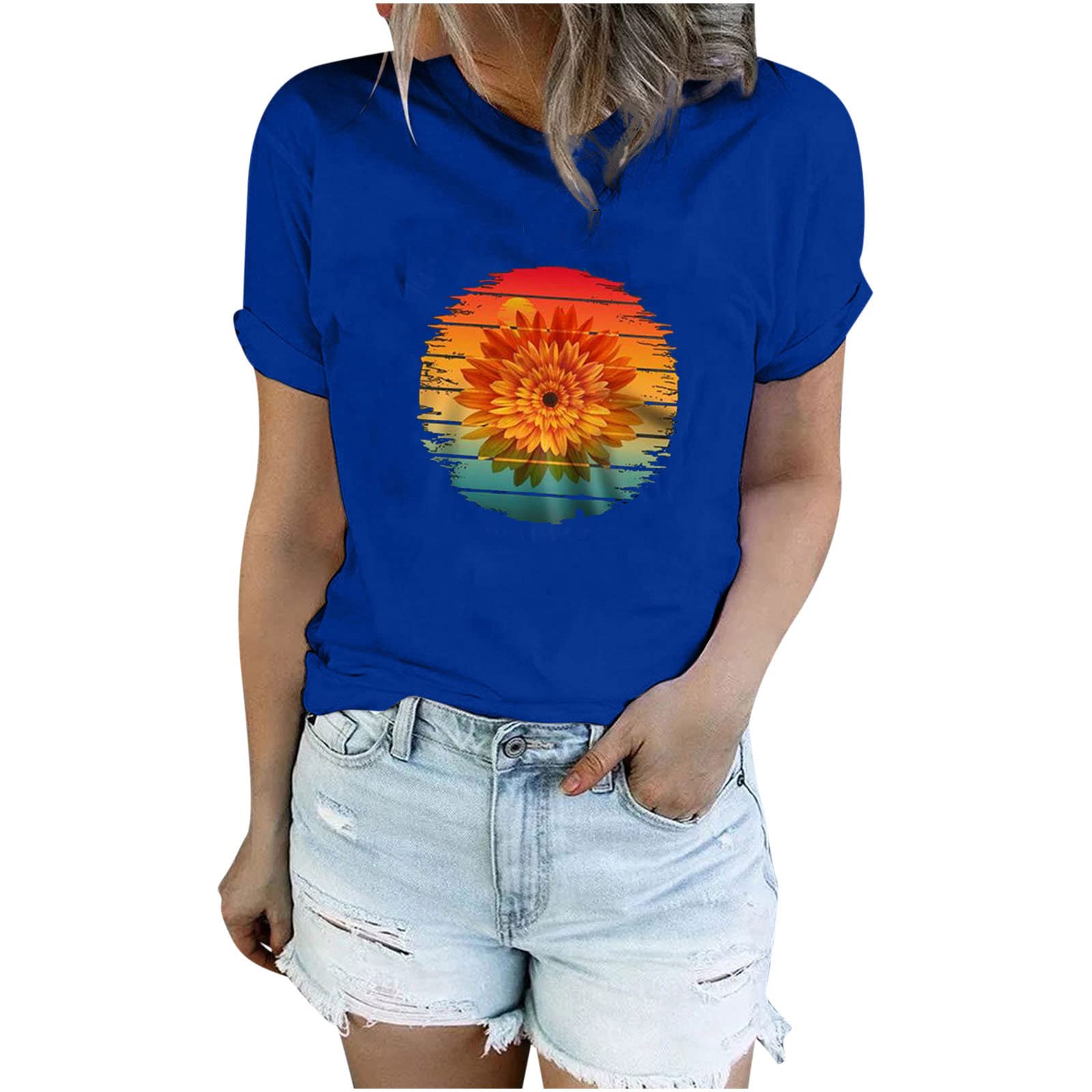 Trendy Rainbow Sunflower Graphic Tee for Women - Soft Cotton Short Sleeve Crewneck T-Shirt - Casual Comfortable Summer Top for Outings, Beach & Festival Wear