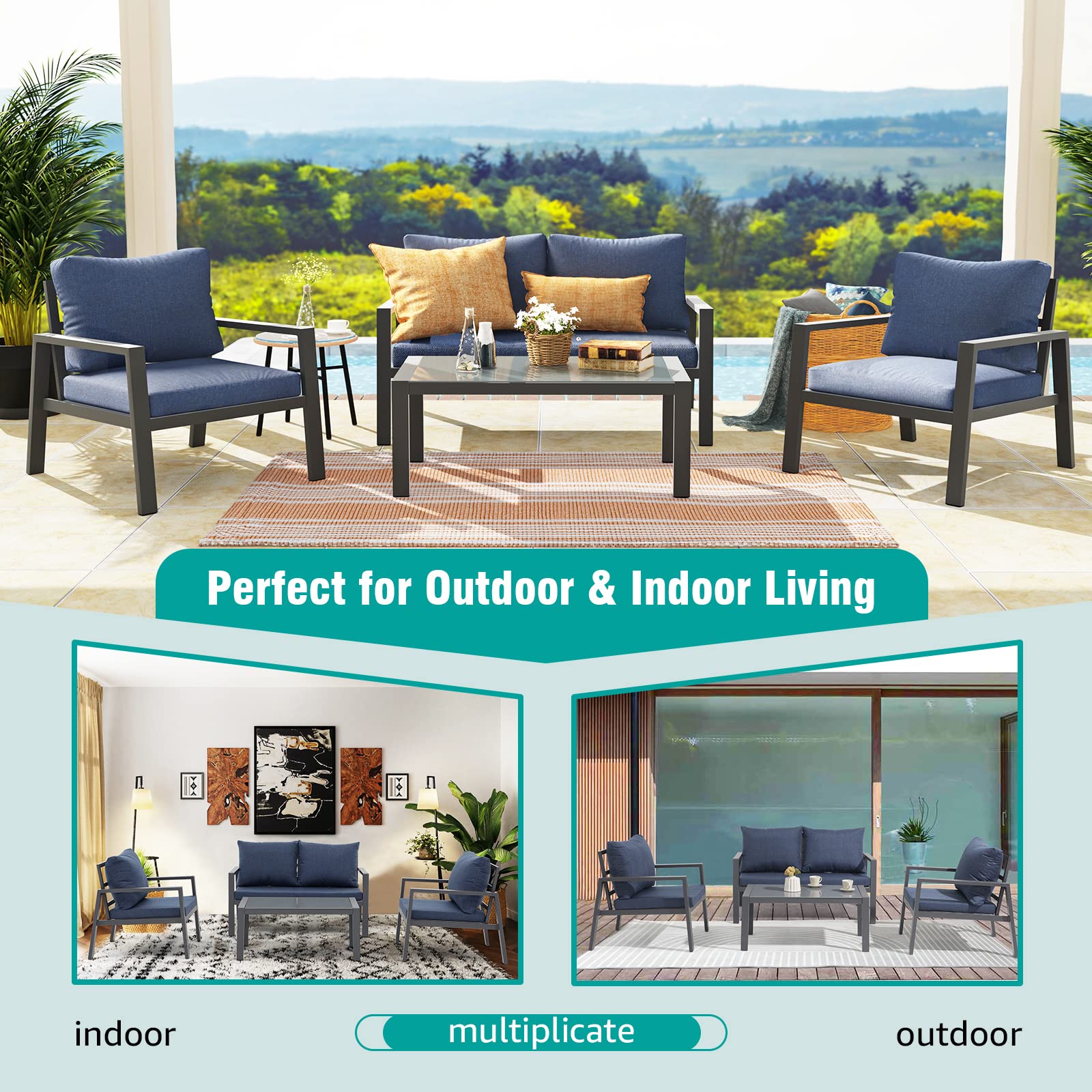 Soleil Jardin 4-Piece Aluminum Outdoor Patio Furniture Set with Removable Cushions & Tempered Glass Coffee Table - Dark Grey Frame & Denim Blue Cushions - Perfect for Garden, Backyard, Poolside & Patio Relaxation