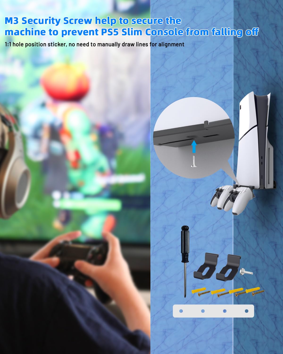 PS5 Slim Wall Mount Stand with 2 Removable Controller Holders - Floating Gaming Shelf for PS5 Slim Console - Secure Screw Fixing for Wall or Behind TV - Perfect for Small Spaces & Organized Gaming Setup