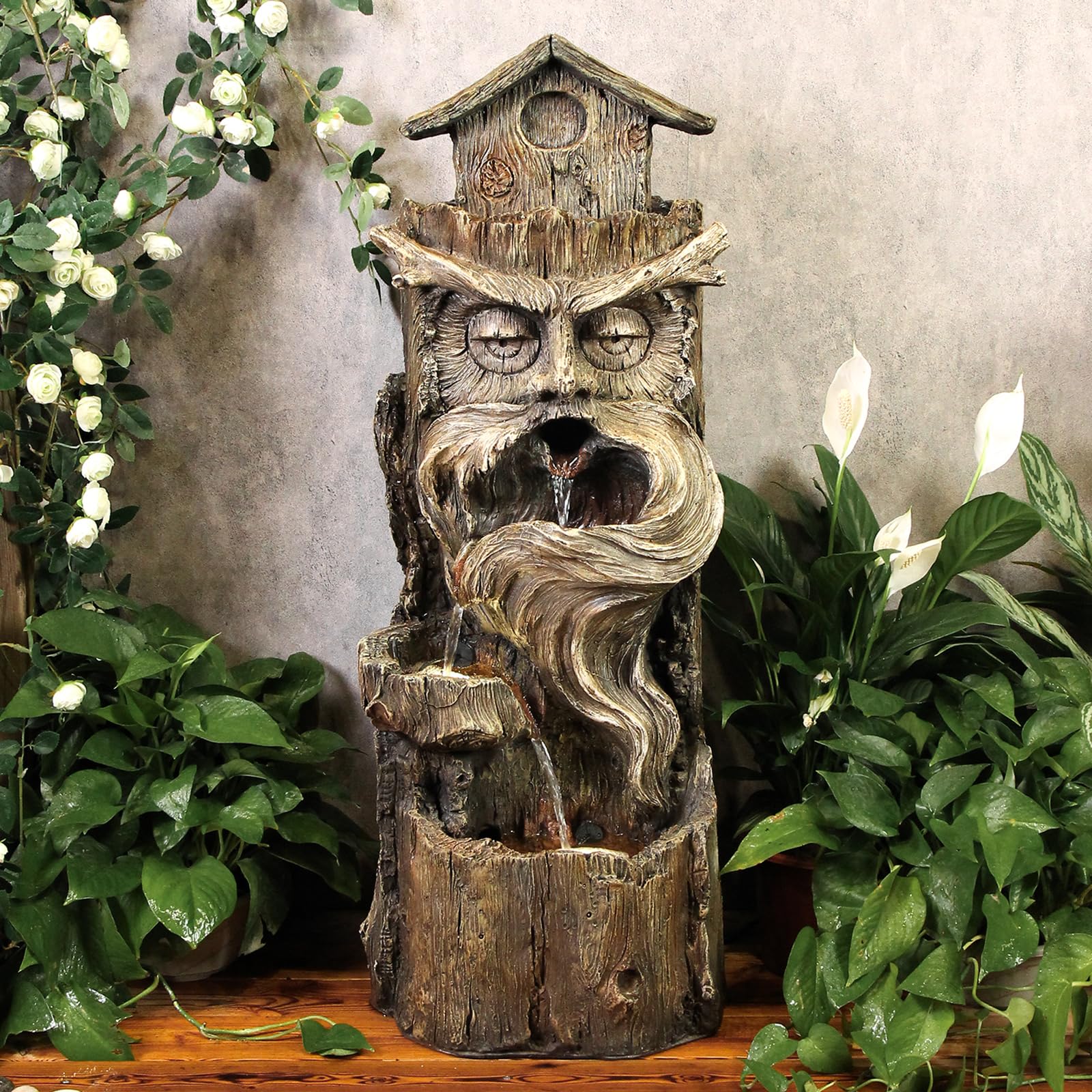 YZM 3-Tier Outdoor Waterfall Fountain with LED Lights - 33.46 Inch Tall Tree Trunk Design for Patio, Porch, Backyard & Garden Decor | Relaxing Water Feature with Pump for Zen Atmosphere, Meditation Spaces & Landscape Enhancement