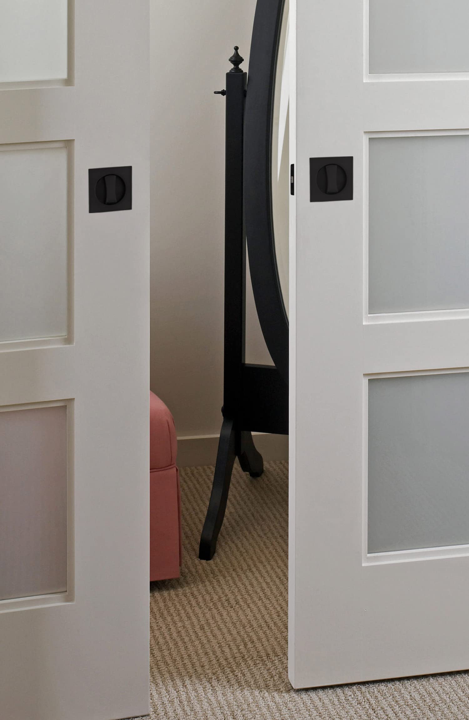 GoldenWarm Matte Black Pocket Door Lock - 2 Pack Contemporary Privacy Square Sliding Door Hardware for Bedrooms, Bathrooms & Closets