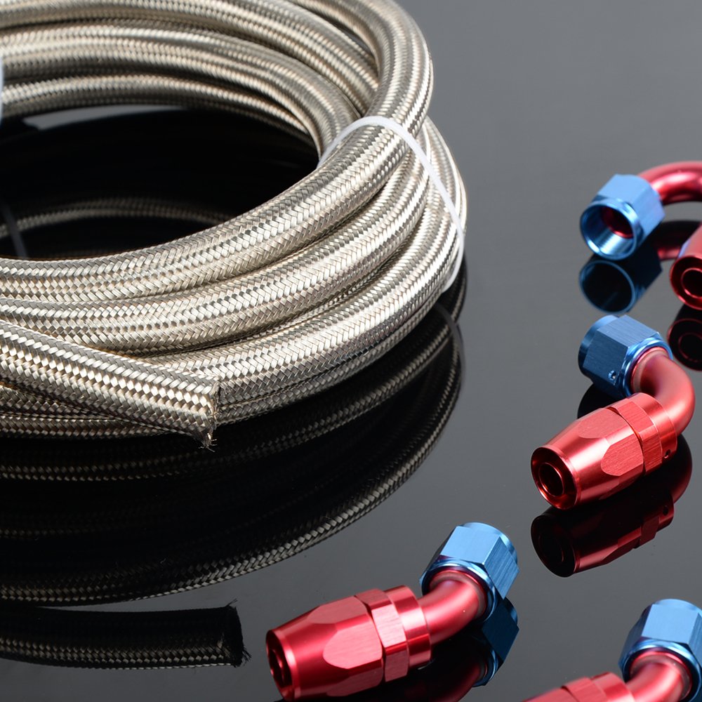 PIT66 AN10 16.4Ft Stainless Steel & Nylon Braided Fuel Line Hose Kit with Fitting Adapters (21mm OD, 14mm ID) - High Performance for Automotive, Marine & Industrial Fuel Systems