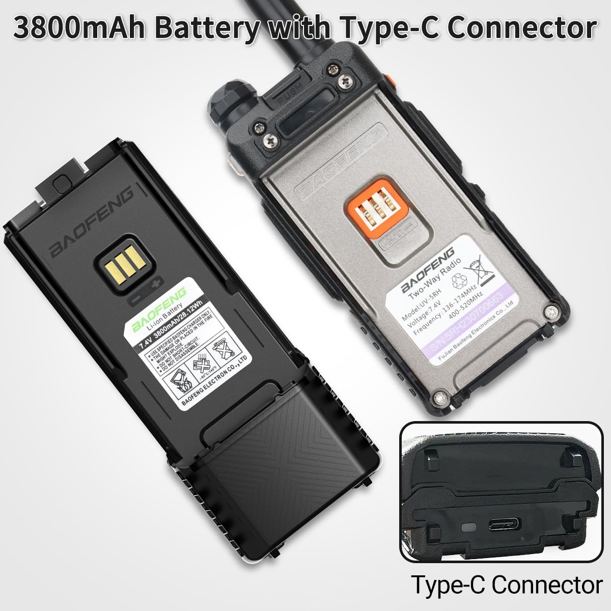 Baofeng 5RM 3800mAh Extended Battery with Type-C USB Charging Cable - Compatible with BaoFeng 5RM, GM-5RH, UV-5G Plus, UV-5RH Series Two-Way Radios - 2 Pack - Perfect for Outdoor Adventures, Emergency Communication, and Professional Use