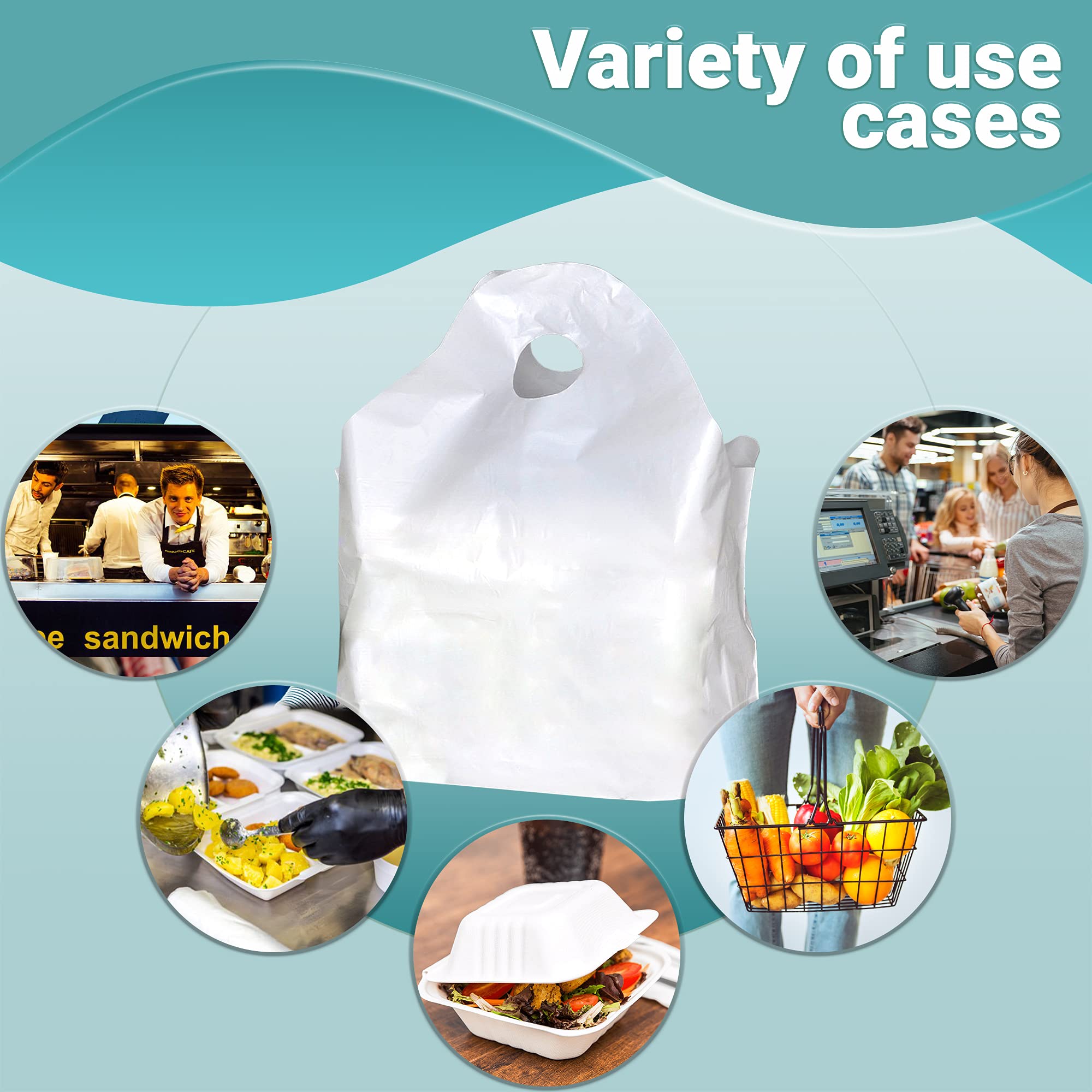 APQ 500-Pack White Take Out Bags with Wave Top Handle 19x18+9.5 BG - Unprinted Merchandise Bags for Retail Shopping & Food Service - Perfect for Restaurants, Bakeries, Parties & Gift Packaging