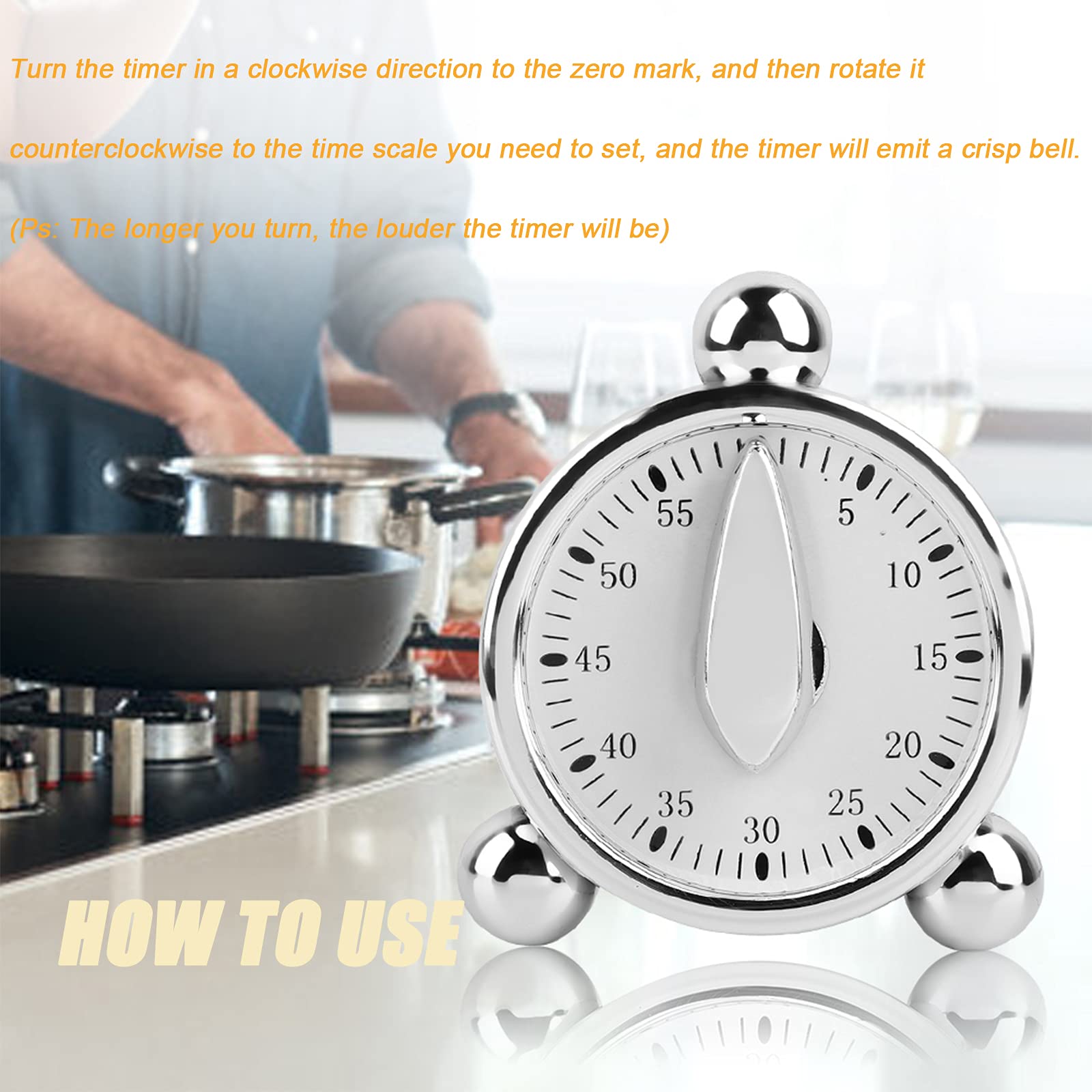 60 Minute Stainless Steel Kitchen Timer - Egg Shaped Mechanical Cooking Timer with Loud Rotating Alarm - Perfect for Baking, Cooking, and Classroom Activities