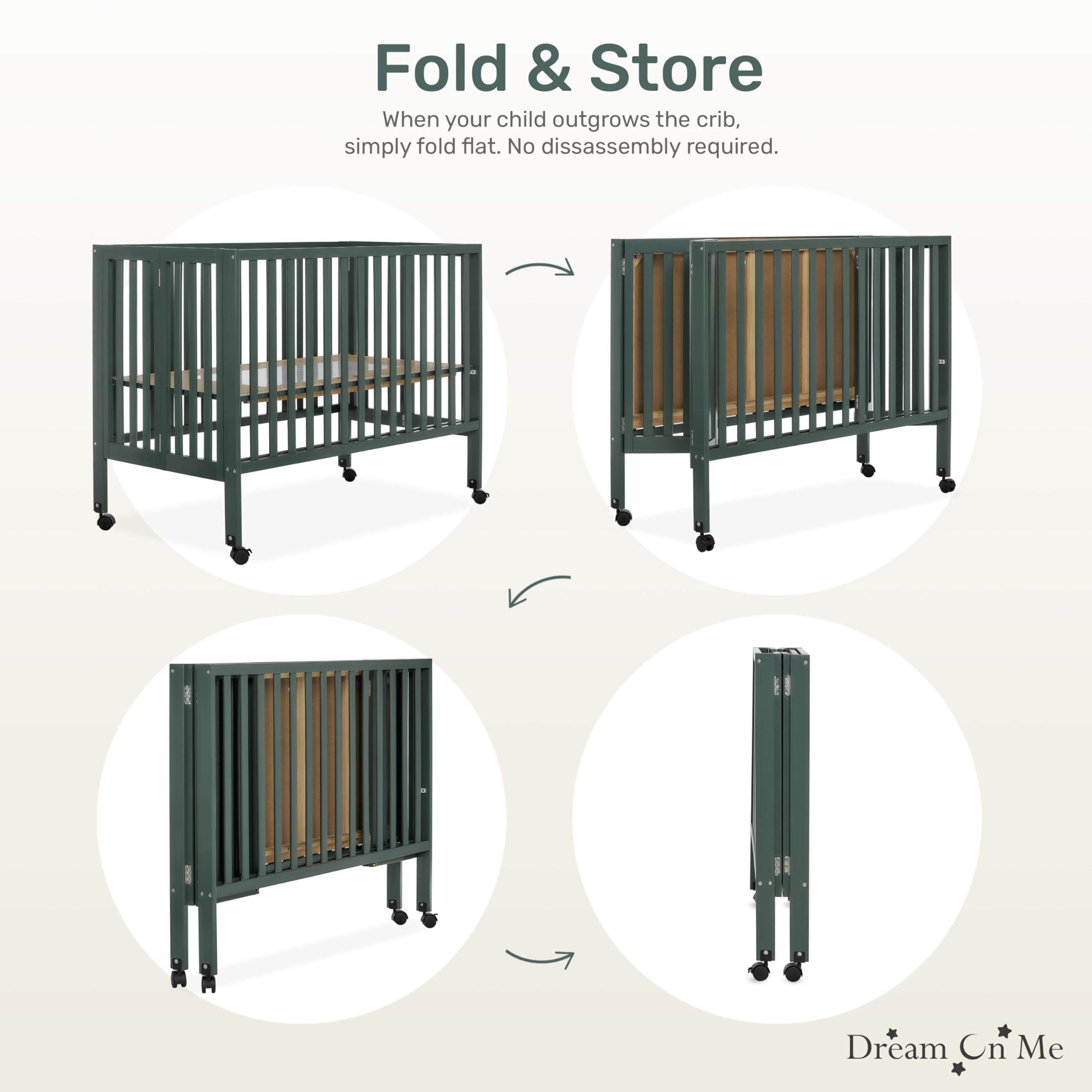 Dream On Me Quinn Full-Size Folding Crib - Olive Green | Removable Wheels & Adjustable Mattress Support | Modern Nursery Essential | Portable Baby Bed with Patented Folding System | Perfect for Travel, Small Spaces & Guest Rooms