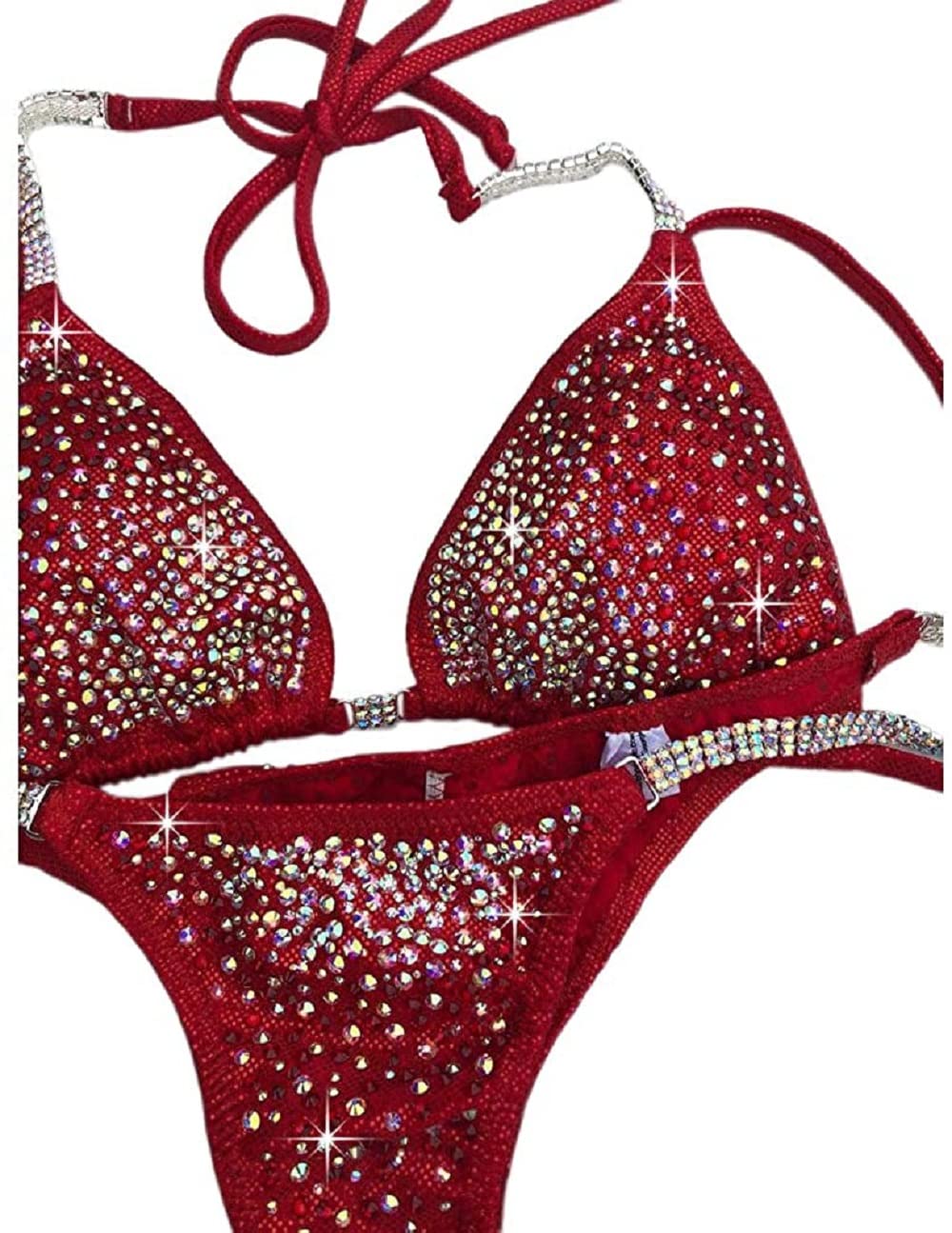 Red Crystal Rhinestone Bikini Set - Competition Swimsuit for NPC & Fitness Shows - Perfect for Bodybuilding, Bikini Contests & Beach Fashion
