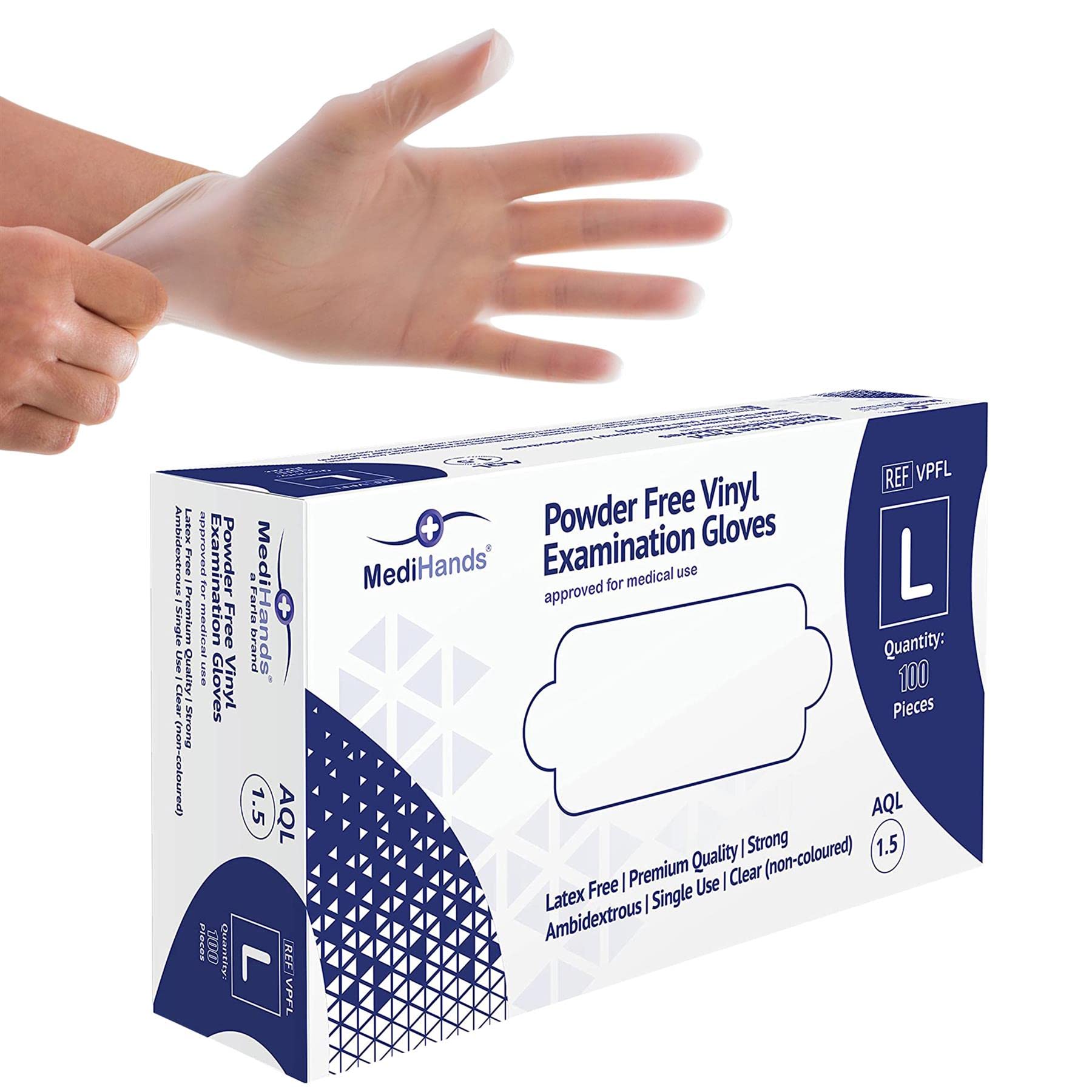 MediHands Clear Vinyl Disposable Gloves - Box of 100, Powder-Free, Latex-Free, Protein-Free - Medical, Surgical, Food Safe, Multi-Purpose - Ideal for Healthcare, Food Handling & Cleaning