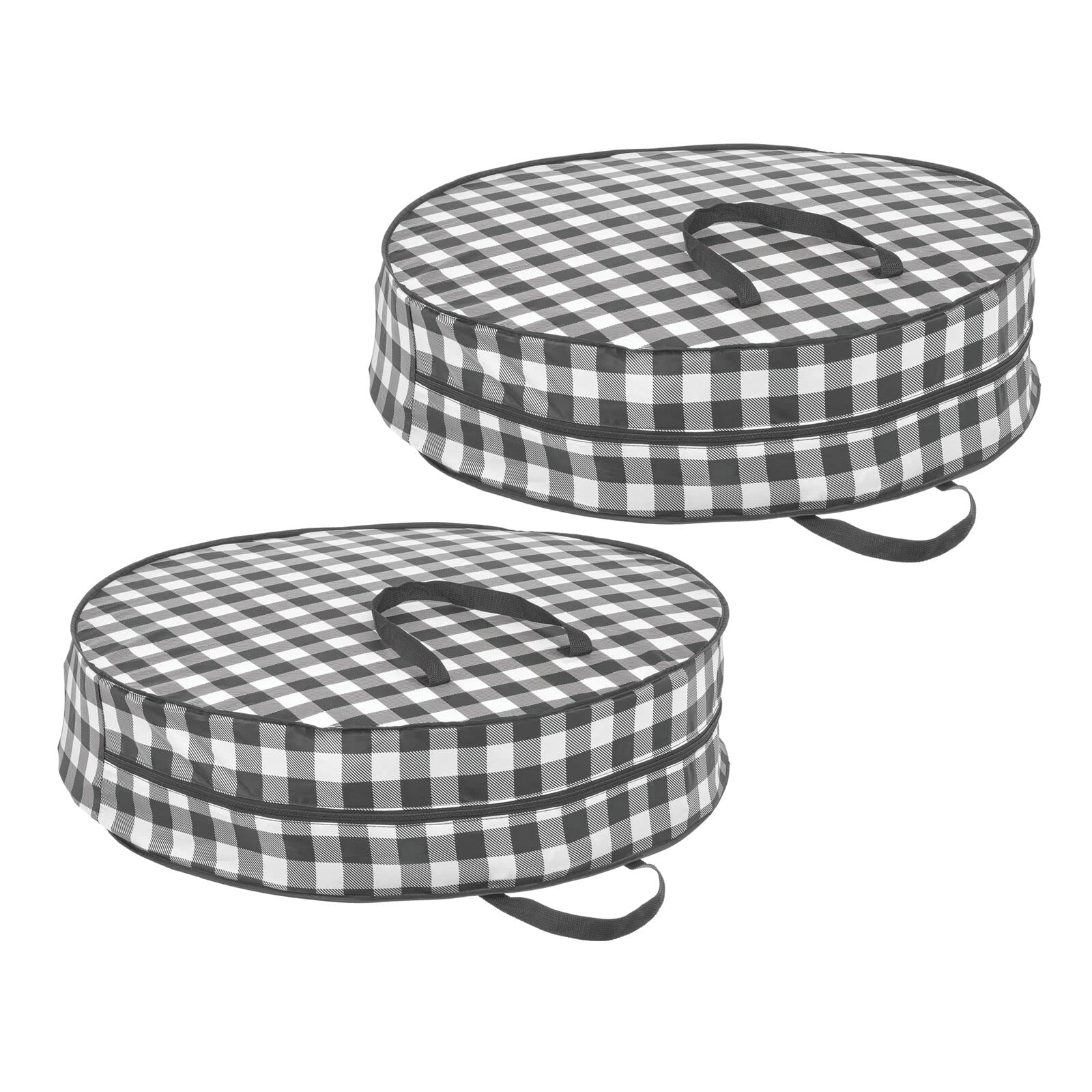 mDesign 30-Inch Round Wreath Storage Container with Handles - 2 Pack Buffalo Plaid Fabric Holiday Organizer for Christmas Wreaths, Garlands & Decorations - Perfect for Seasonal Decoration Storage & Protection