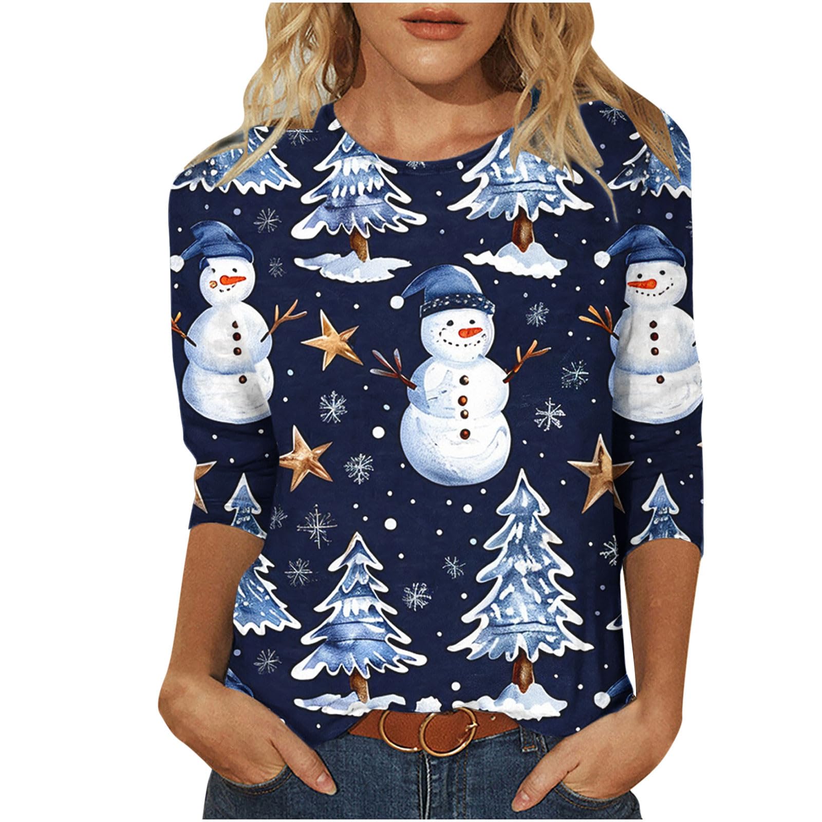 Jiemuxiu Women's Christmas 3/4 Sleeve Crewneck T-Shirt - 2024 Holiday Trendy Casual Top with Cute Bear & Christmas Tree Print - Perfect for Xmas Parties, Family Gatherings & Winter Outfits