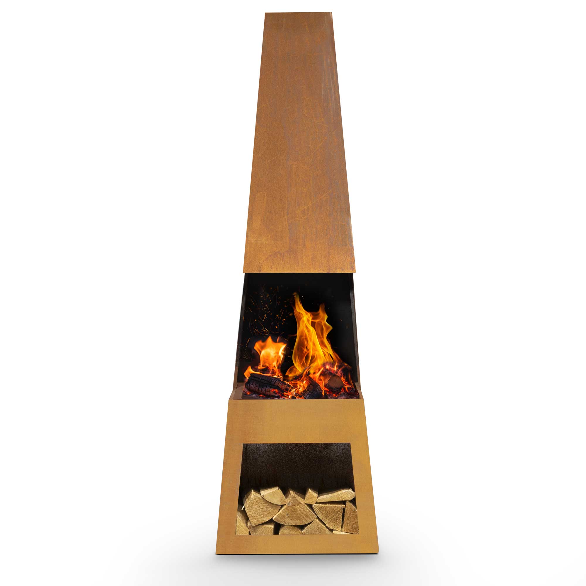 Outdoor Pyramid Chiminea Fire Pit - Corten Steel Fireplace Heater with Firewood Storage (DG108) - Perfect for Patio, Garden, and Backyard Gatherings