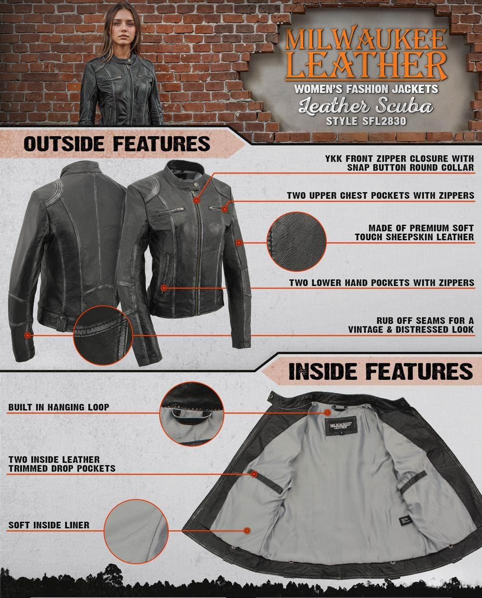 Milwaukee Leather SFL2830 Women's Black Sheepskin Scuba Style Fashion Leather Jacket - Stylish Outerwear for Casual Wear, Night Out & Motorcycle Riding