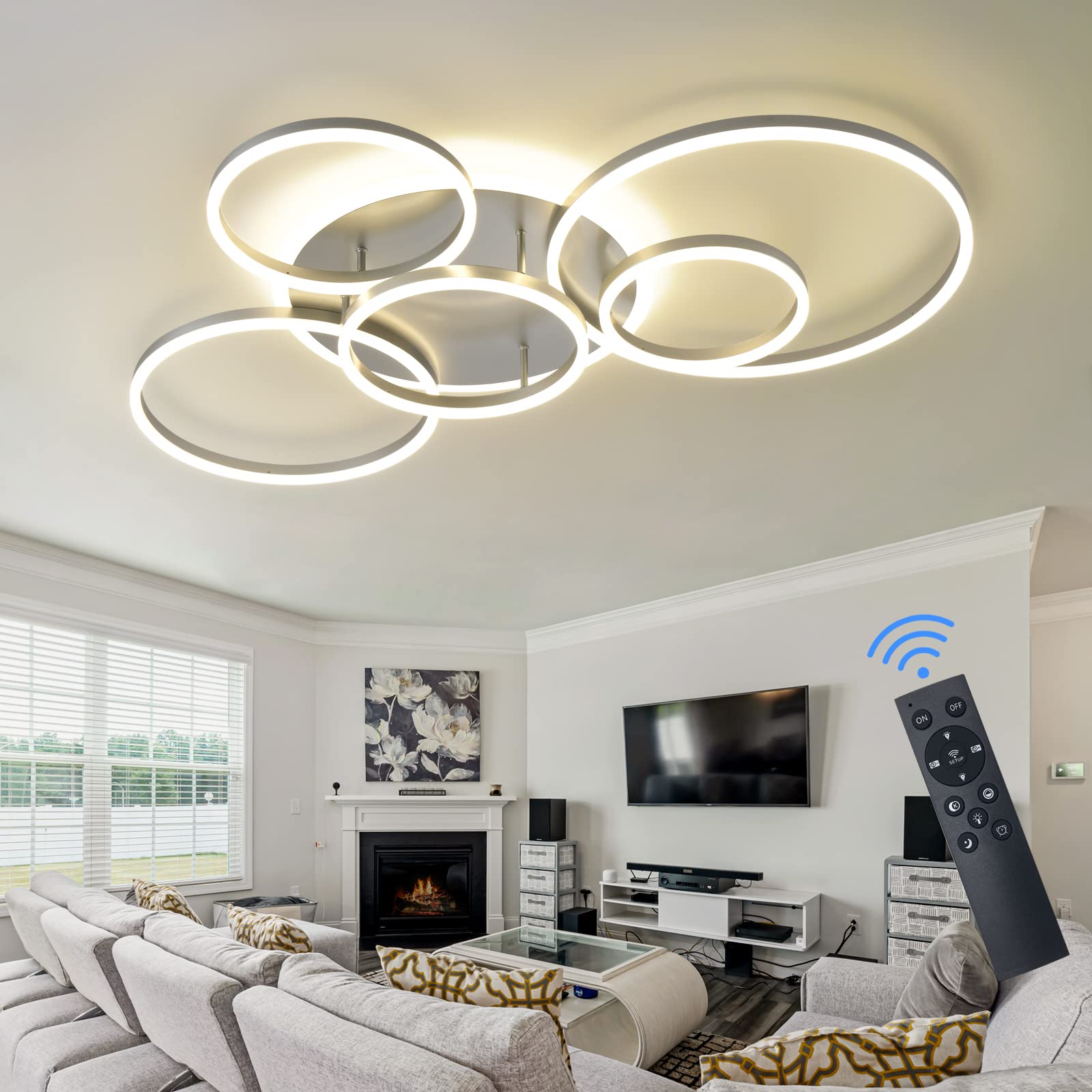 Modern LED Ceiling Light Gold Dimmable 5 Rings Flush Mount with Remote Control - 106W 10000LM Energy Saving Ceiling Fixture for Living Room, Bedroom, Kitchen & Dining Room (3000-6000K) - Perfect for Ambient Lighting, Home Decor & Modern Interior Design